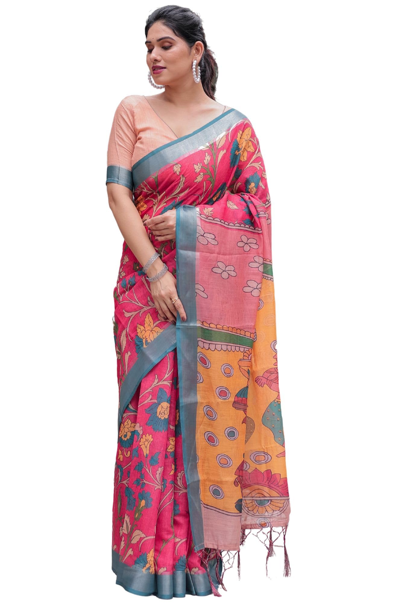 SGF11 Women's Linen Printed Saree With Unstitched Blouse Piece