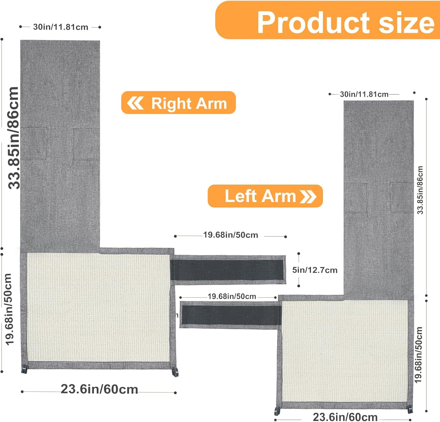 Uross Cat Couch Protector, Natural Sisal Scratch Guards for Cats - Left&Right, 23.6*19.7 inches, Durable, Easy to Install, Grey