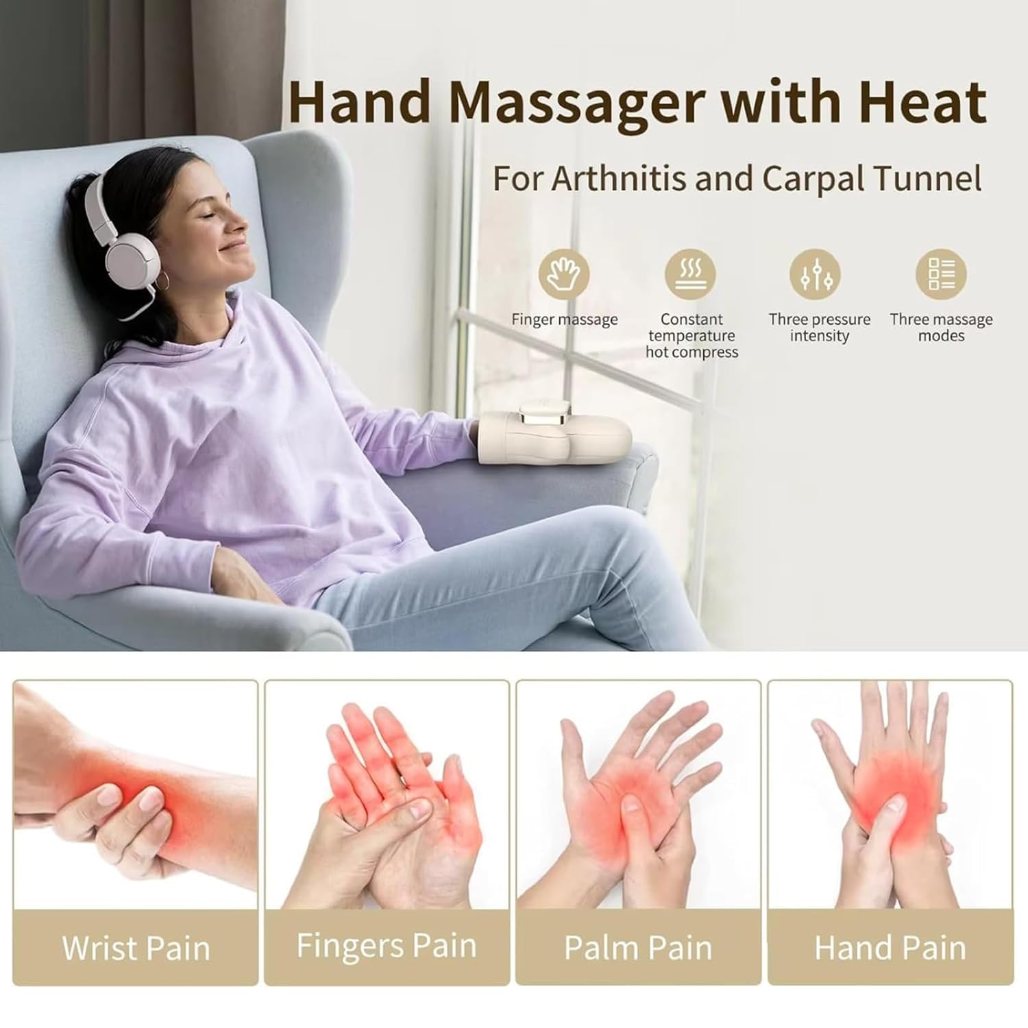 Elektrisches Handmassagegerät, Kabelloses Handgelenk-Massagegerät Mit Kompression, 3 Intensitätsstufen, 42 °C Heiße Kompresse, Für Taubheitsgefühl In Den Fingern, Linderung Von Arthritis-Schmerzen