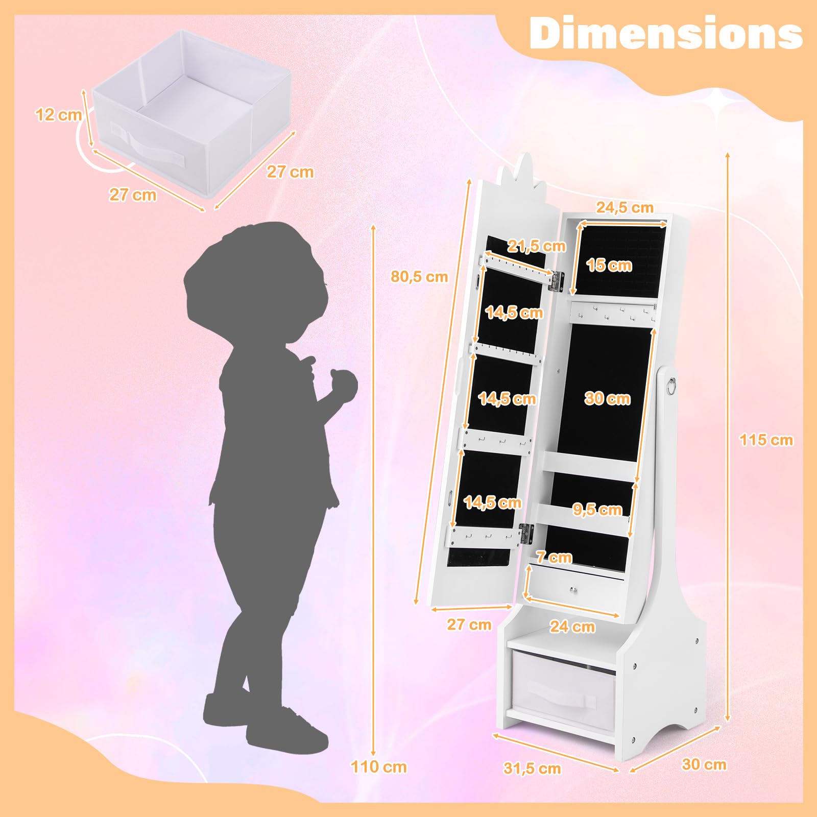 COSTWAY Armoire à Bijoux Enfant avec Miroir & Bac en Tissu, Organisateur à Bijoux en Motif Licorne avec 2 Angles d'Inclinaison, Dispositif Anti-basculement, Miroir sur Pied pour 3 Ans+ (Blanc)