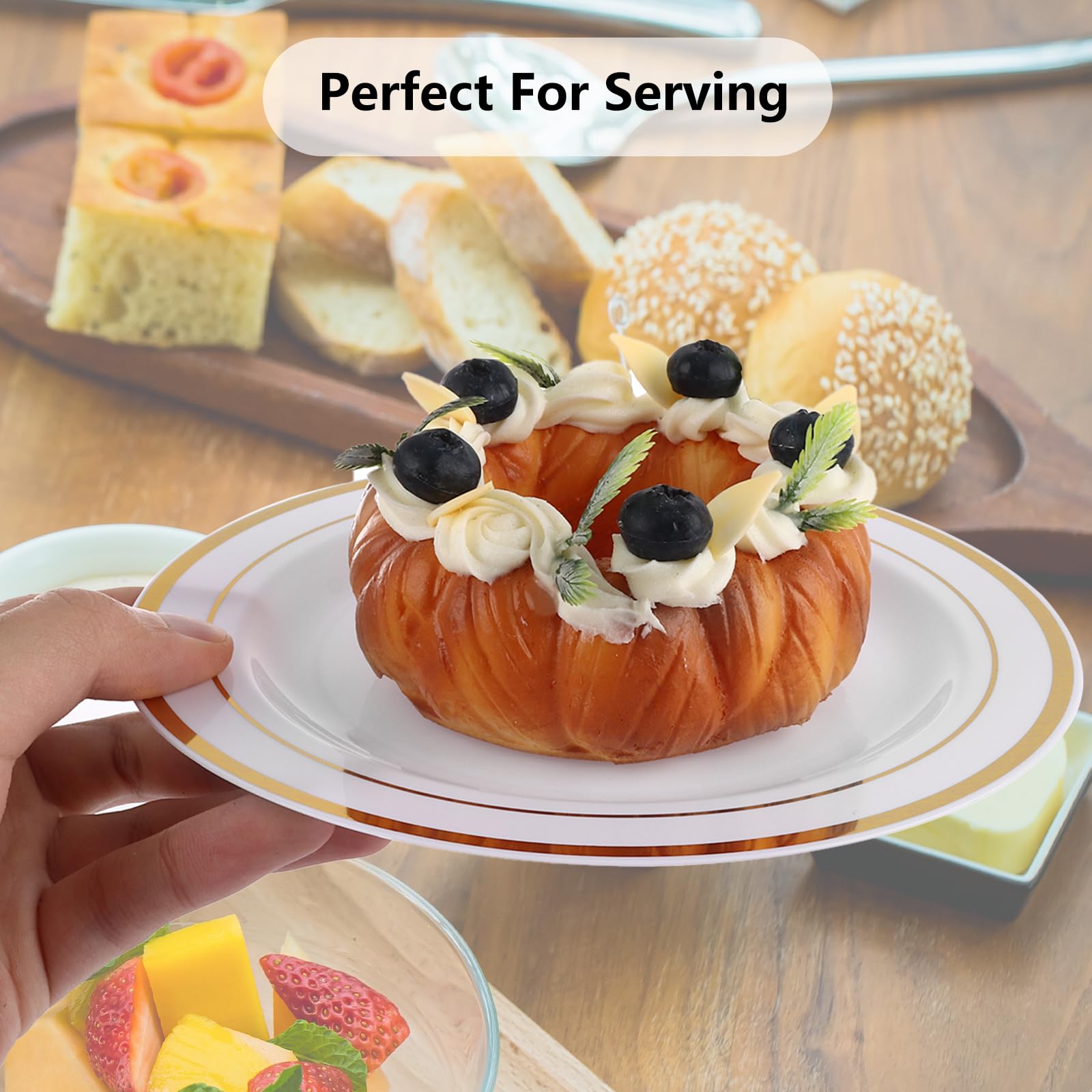 SENENQU Lot de 75 assiettes en plastique réutilisables de 19 cm avec bord doré - Assiettes incassables pour mariage, fête d'anniversaire, restauration