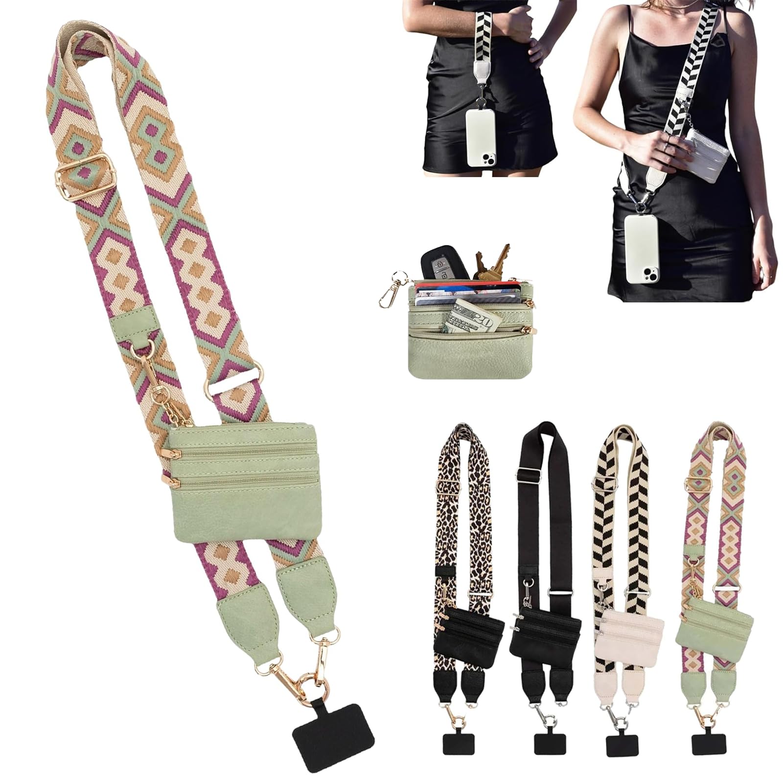 Rugwun Clip and Go Strap for Phone with Wallet Crossbody,Phone Strap with Zippered Pouch,Phone Strap Crossbody Travel Bag
