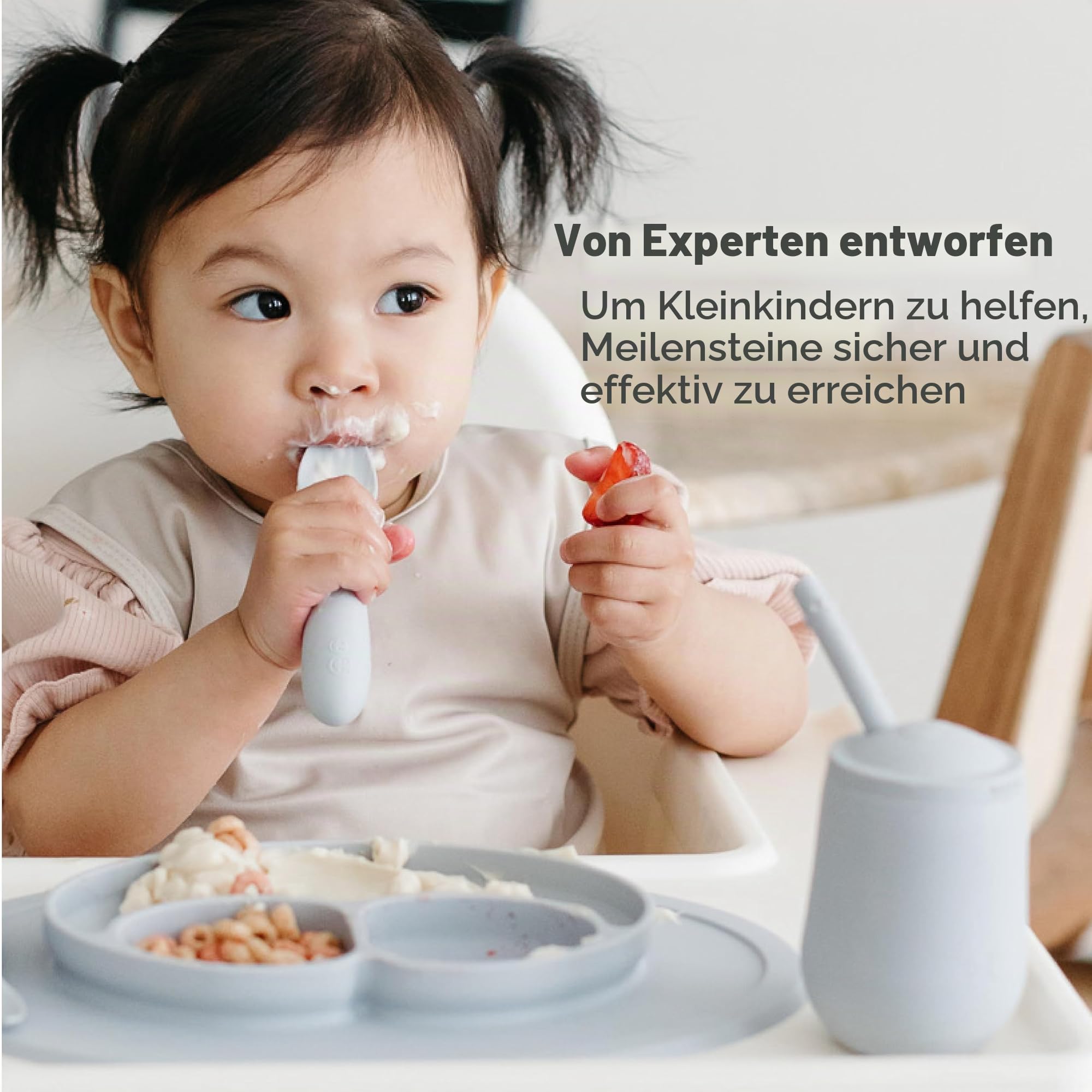 ez pz Mini Mat Teller Salbei - mit integriertem Platzset & Saugnapf für Babys ab 12 Monaten, 100% Silikon, rutschfest, ideal für selbstständiges Essen