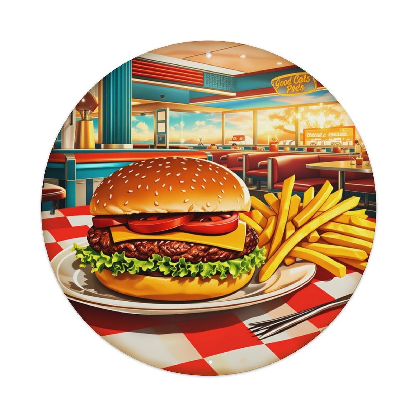Burger Fries Checkered Table Diner Round Tin Sign Retro Metal Sign for Cafe Bar Pub Home Game Room Gym Club Wall Decoration Vintage Metal Poster 8x8 Inch