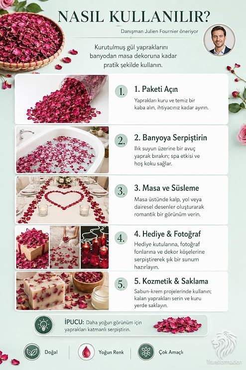 Transformacion Doğal Kurutulmuş Gül Yaprakları – Dekoratif, Aromatik ve Romantik Kullanım İçin 350g Paket 718565