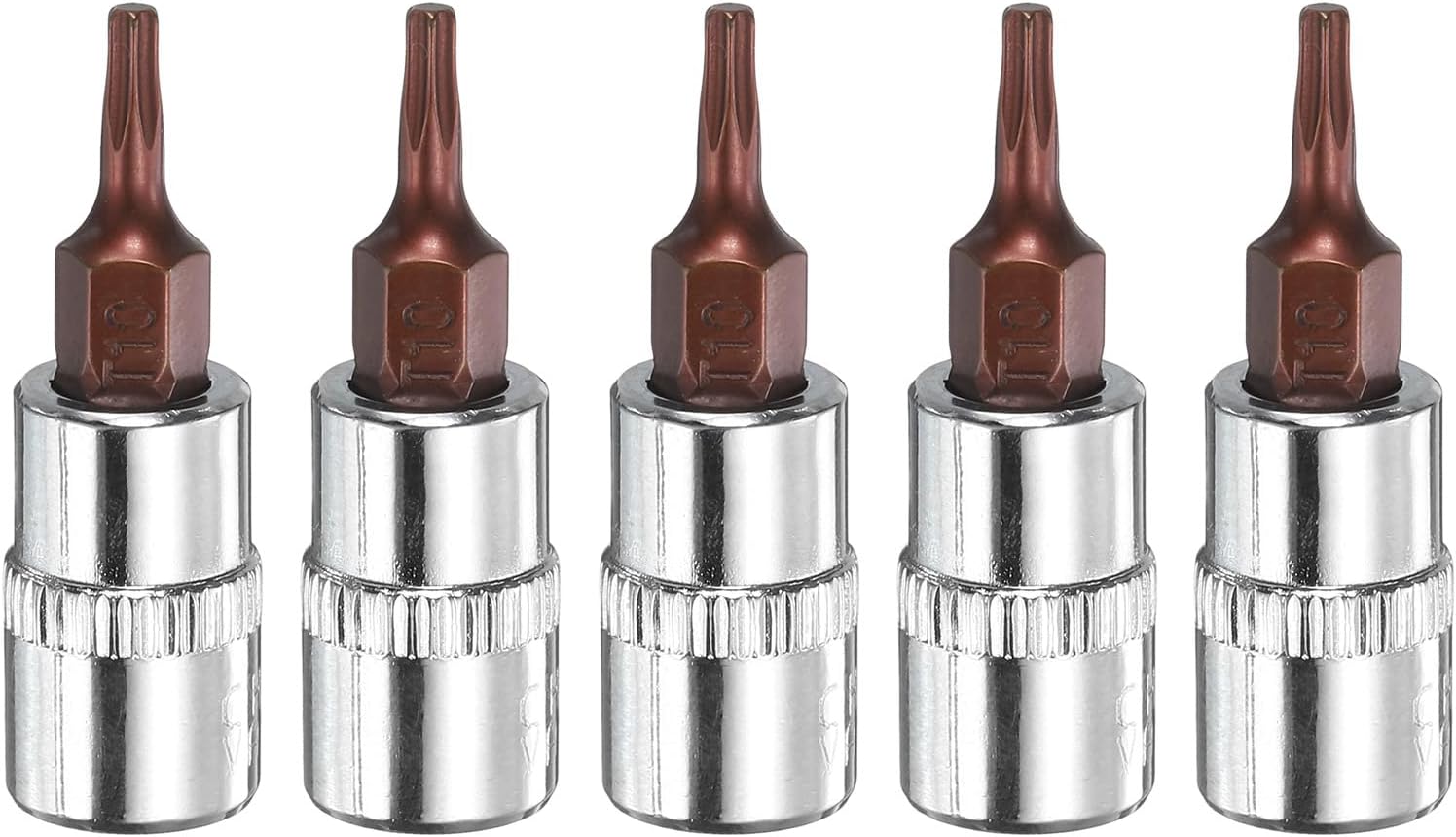 5pcs T10 Torx Bit Socket 1/4" Square Drive Star 6 Point Extension Impact Bit Power Nut Driver Set S2 & CR-V Steel Socket Ratchet Wrench Bits, Silver Red