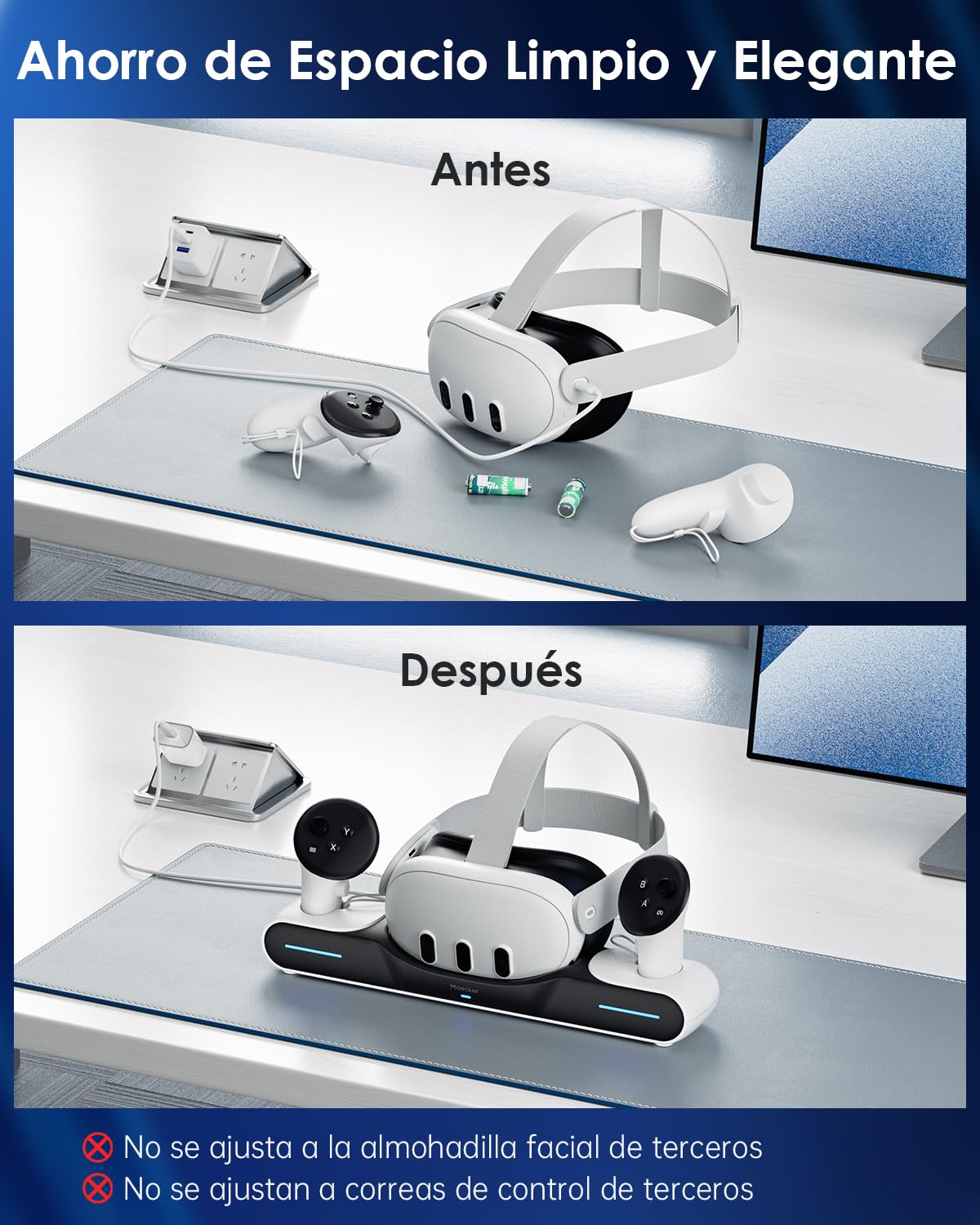 Rápida Estación de Carga para Quest 3 Base de Carga para Quest 3 Soporte para Controladores de Auriculares con Carga Directa con 2 Baterías Recargables Accesorios para Quest 3 - S3