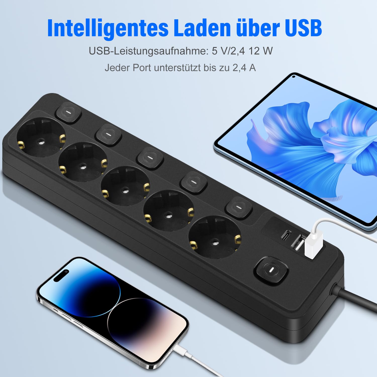 Ciabatta Multipresa con USB C, 3M Multipresa con Interruttori Indipendenti, 5 Prese Presa Multipla con 2 USB-A e 1 USB C, Protezione Sovratensione, per Casa, Ufficio, Nero(3M)