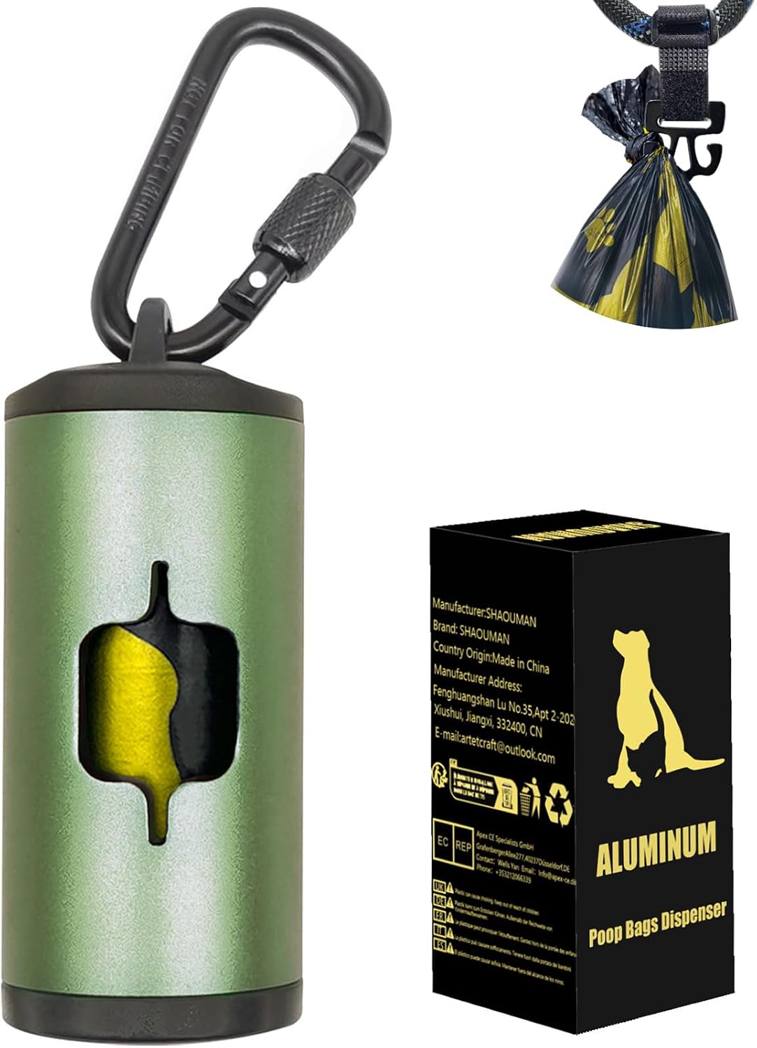 Metal Dog Poop Bag Holder w/Leash Clip|Durable Scratch-Resistant Aluminum|15 Bags+3 Accessories(Drak Green)