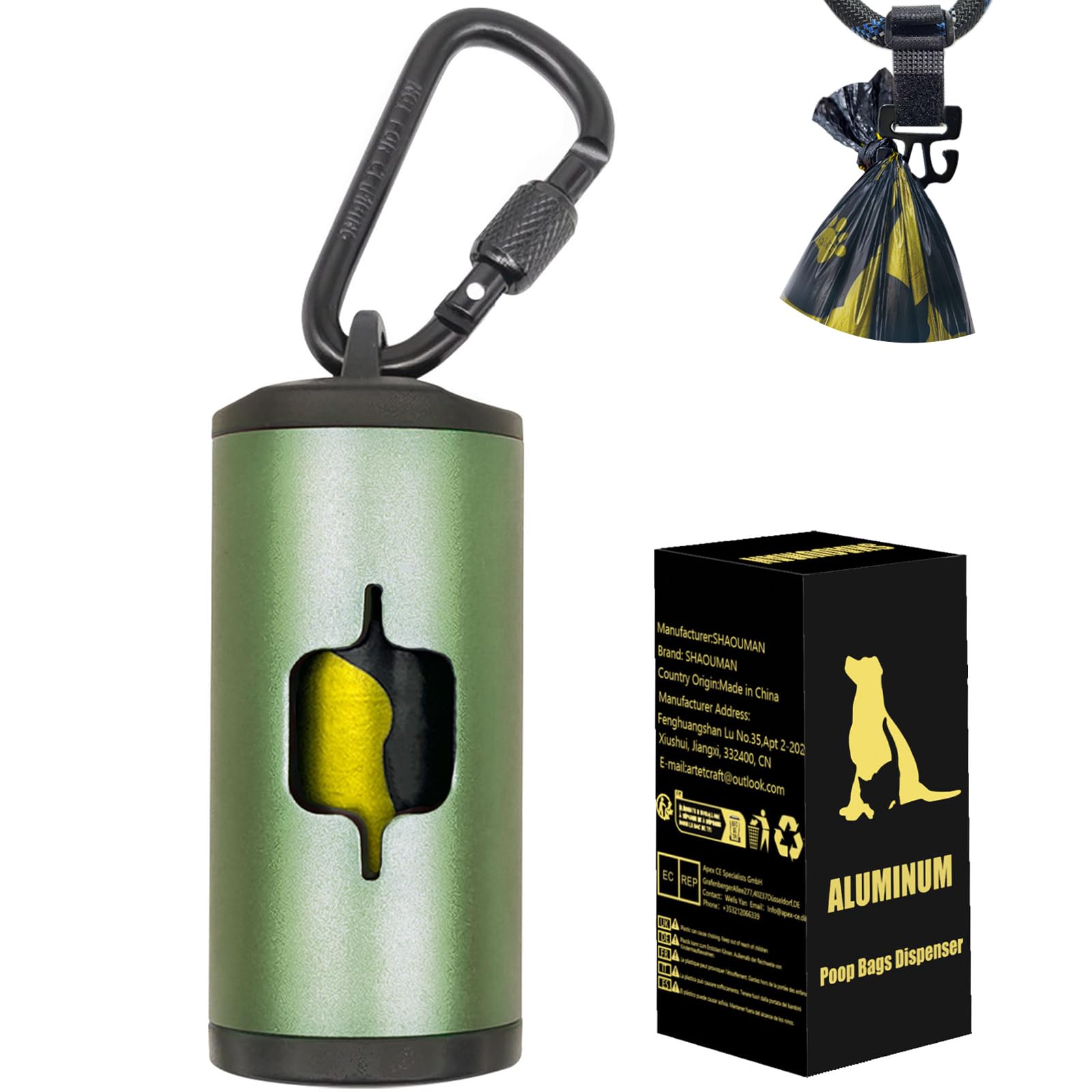 Metal Dog Poop Bag Holder w/Leash Clip|Durable Scratch-Resistant Aluminum|15 Bags+3 Accessories(Drak Green)