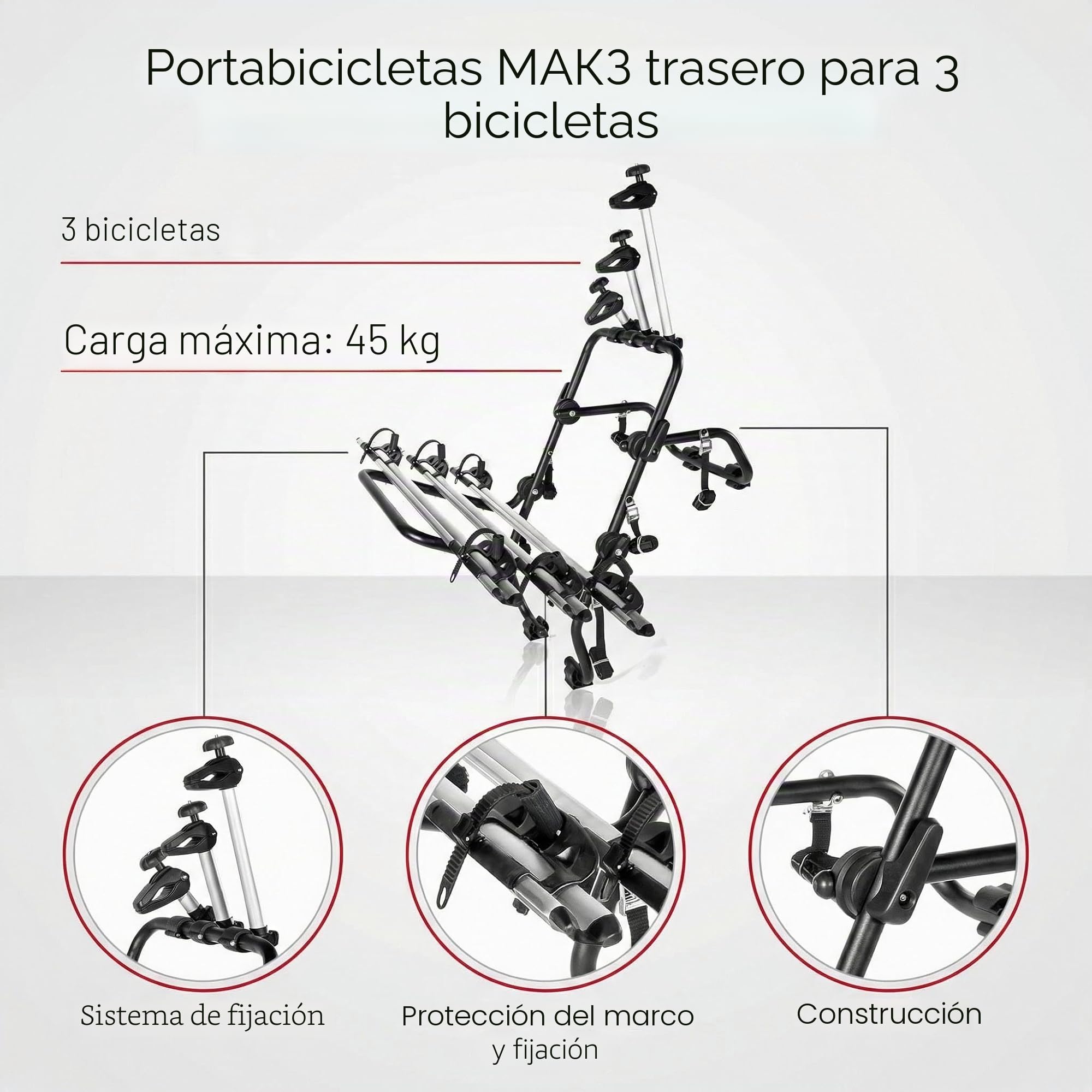 Portaequipajes trasero Portaequipajes para bicicletas con rieles 3 bicicletas | Montaje trasero de acero para 3 bicicletas