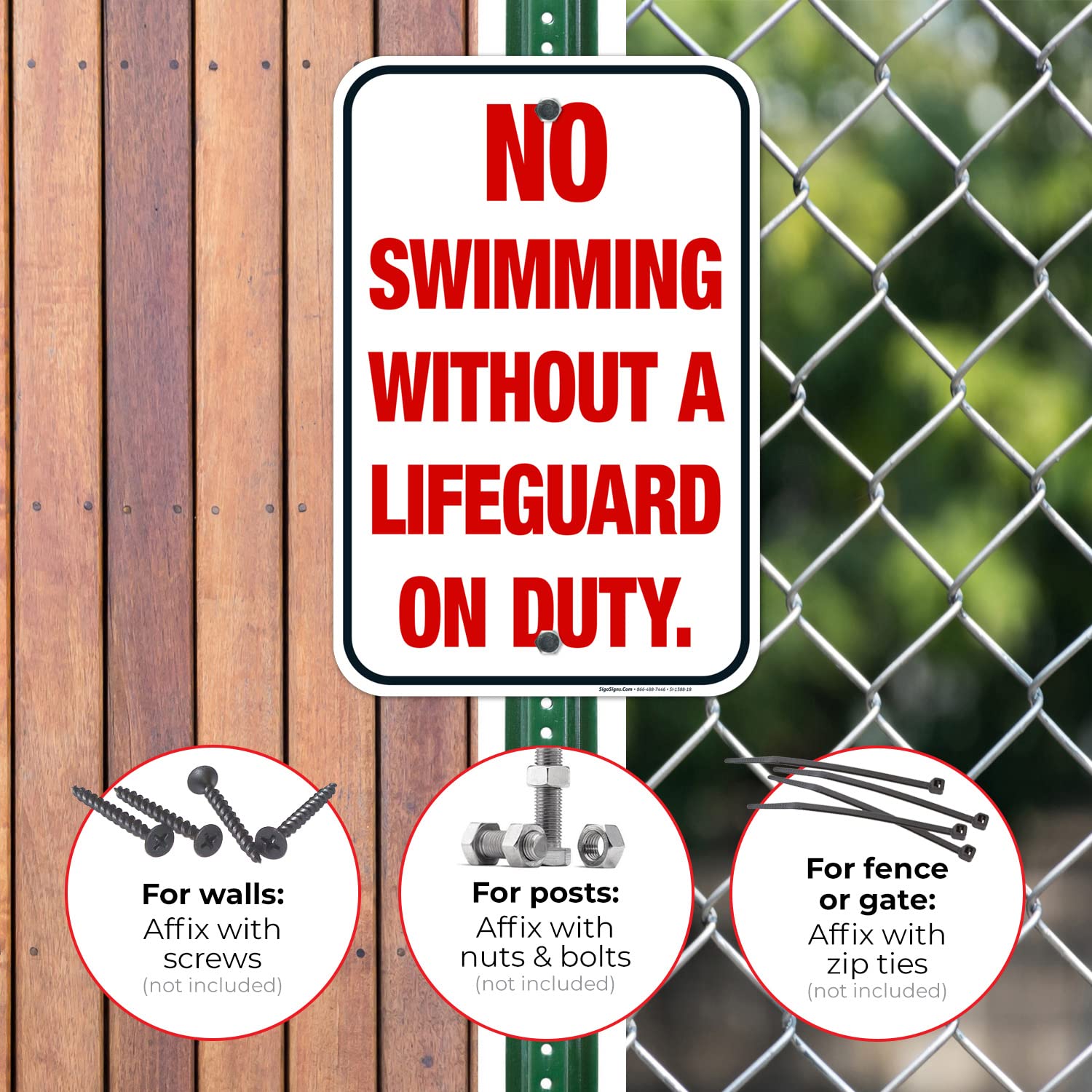 No Swimming Without A Lifeguard On Duty Sign, 12x18 Inches, Rust Free .063 Aluminum, Fade Resistant, Made in USA