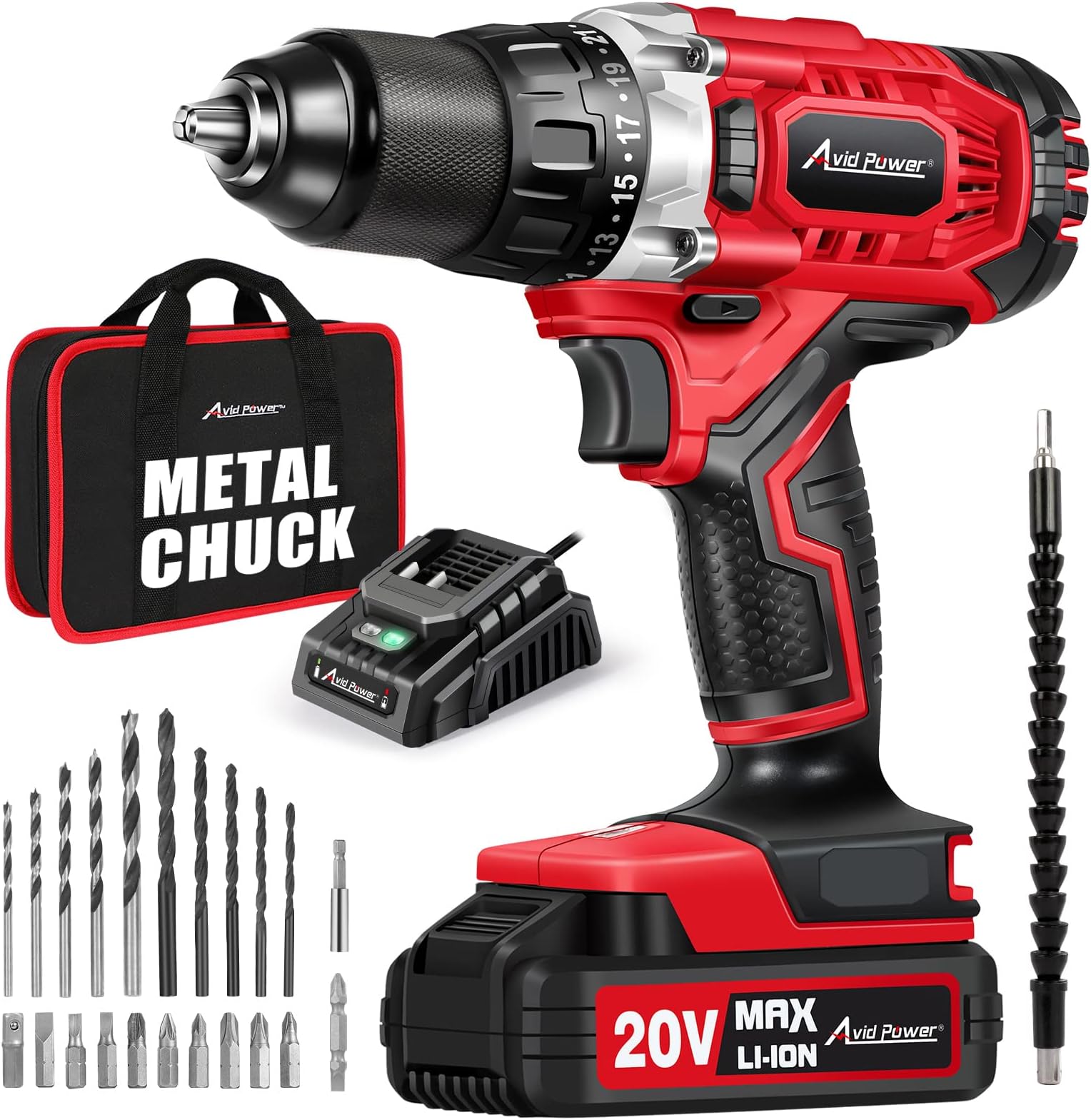 AVID POWER Drill Set Cordless 20V Electric Drill with Battery and Fast Charger, Variable Speed, 23+1 Torque Setting, 23pcs Accessories, Hand Driver with 1/2-Inch Metal Keyless Chuck