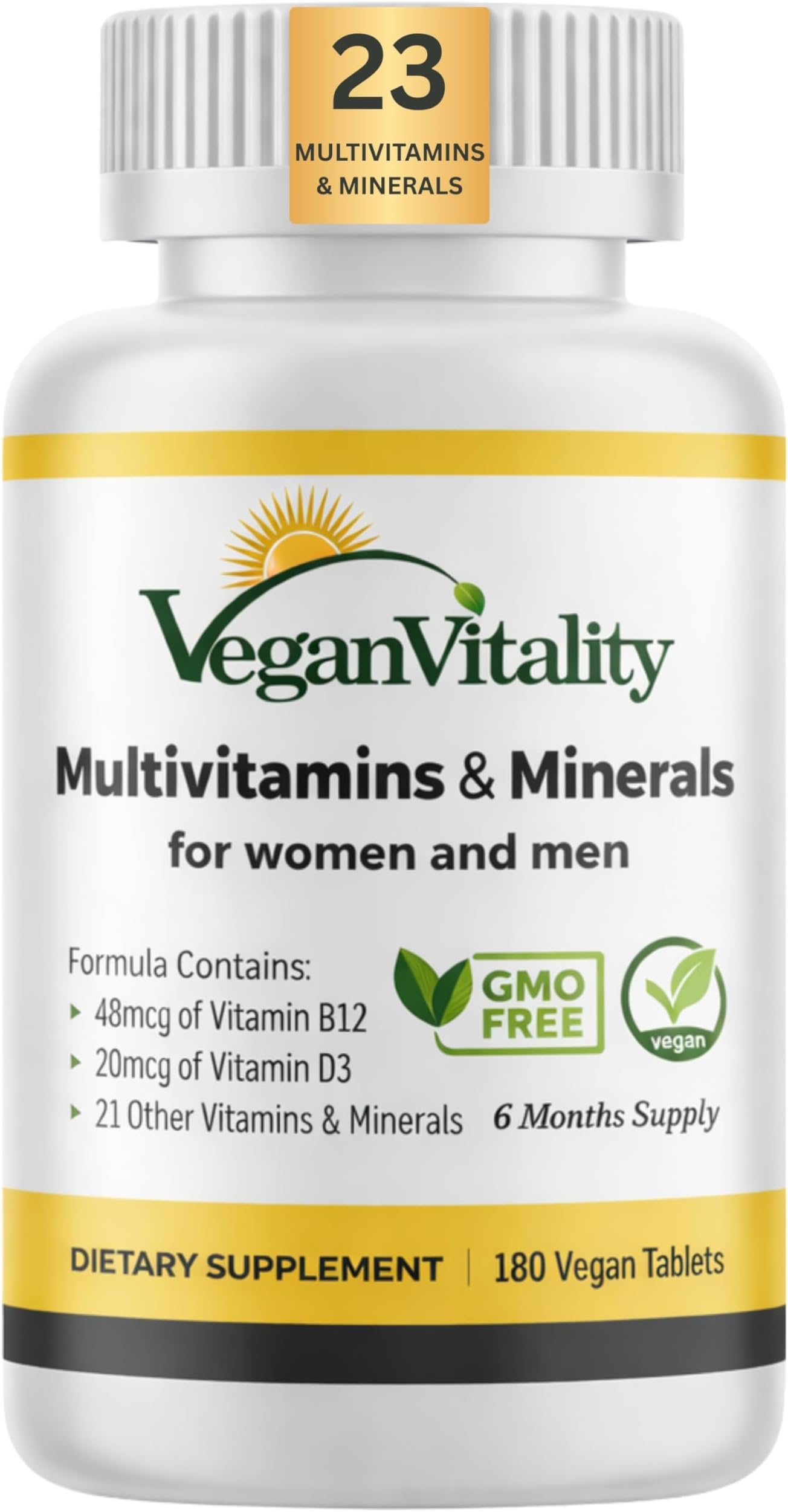 Vegan Vitality Multivitamins & Minerals for Women and Men with High Strength Vitamin B12, D3 & K2. 180 Vegan Multivitamin Tablets - 6 Months Supply. Vitamins for Vegans. Women Multivitamin
