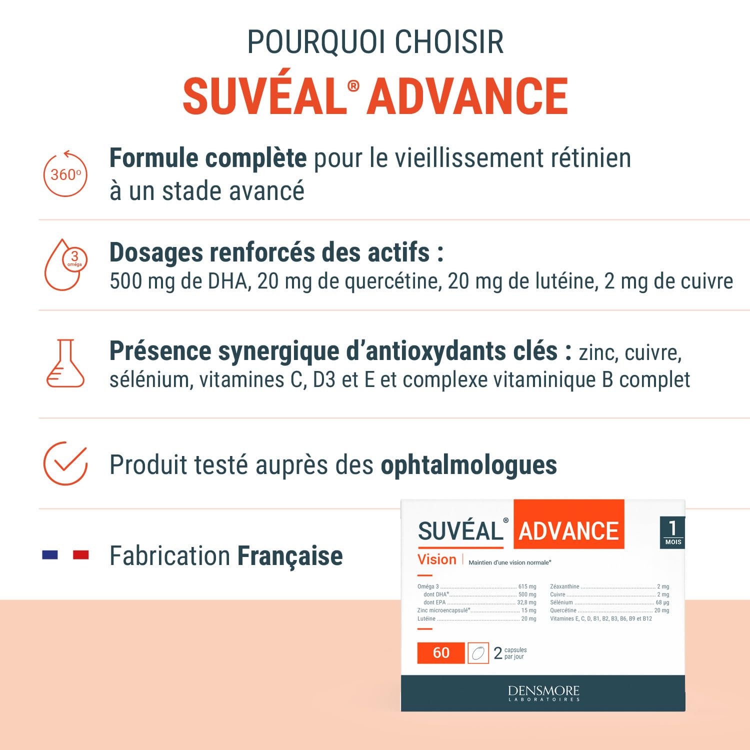 Densmore - SUVEAL Advance 1 mois - Complément Alimentaire Ophtalmologie à base d’Omega 3 (DHA), Lutéine, Zéaxanthine, Quercétine, Vitamines B, Zinc - Formule Ultra-Complète vision - Fabriqué en France