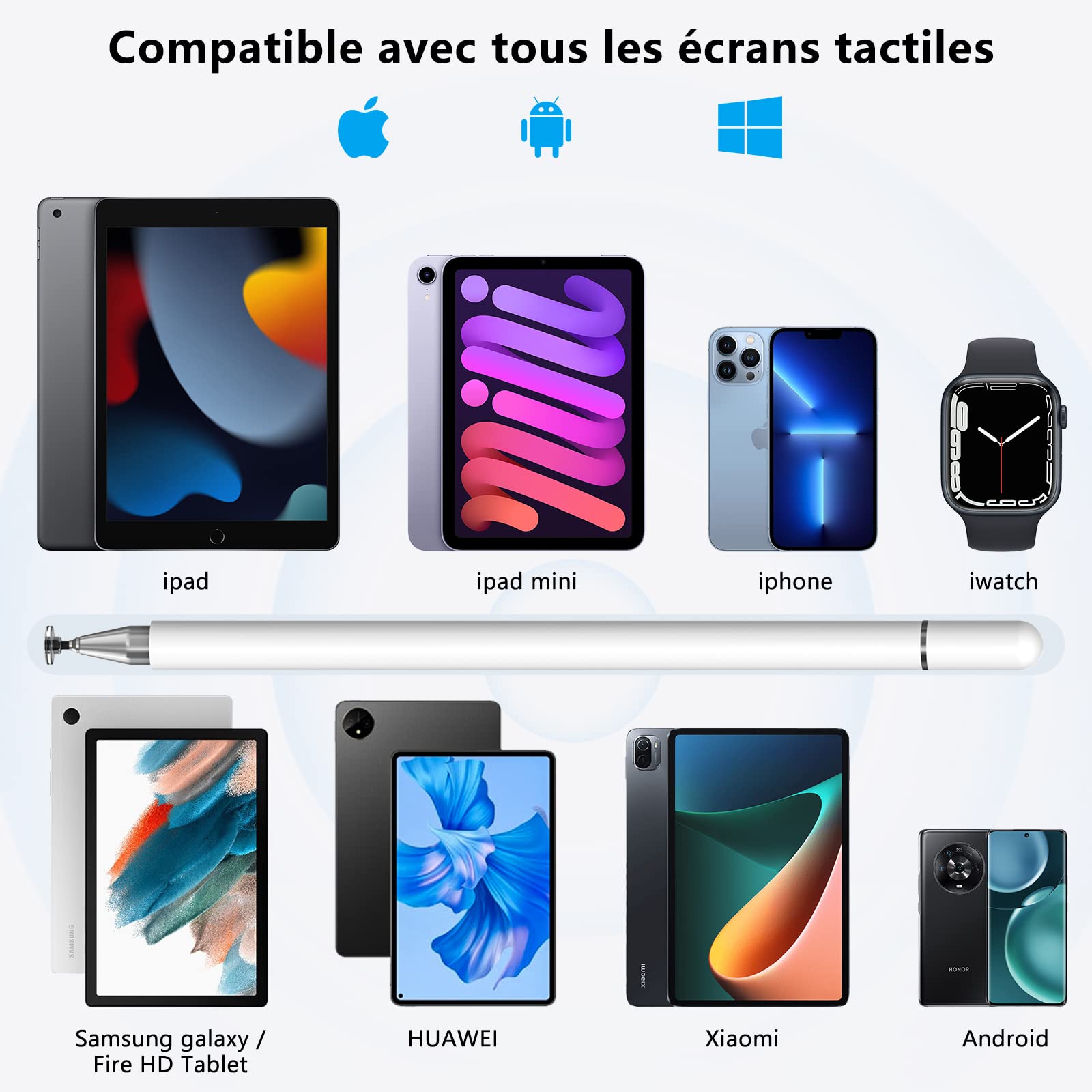 Stylet Tablette, 2 en 1 Stylet Tactile Pencil Compatible avec Toutes Les Tablettes et Smartphones, iPhone, iPad, Samsung, Lenovo, Surface, Huawei, Xiaomi, Android, iOS, etc.