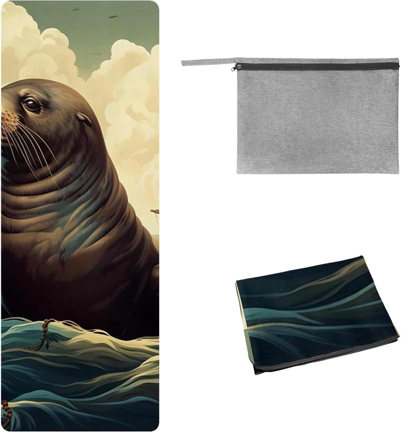 Yoga Towel, Sea Lion Pattern Non Slip Sweat Absorbent Hot Yoga Mat Towel for Hot Yoga, Pilates and Fitness - 72.8" x 26.8"