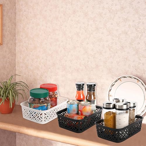 Miniatura 5 de ZEAYEA Paquete de 9 cestas pequeñas de almacenamiento de plástico, cestas organizadoras para estantes, cajón de escritorio, despensa, cestas tejidas