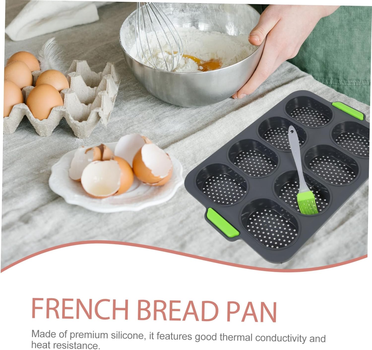 SOLUSTRE 4-Piece Silicone Bread Baking Set 8-Cavity Oval Cake Mold 3-Slot Baguette Pan and Brush Non-Stick French Bread Molds for Home Baking