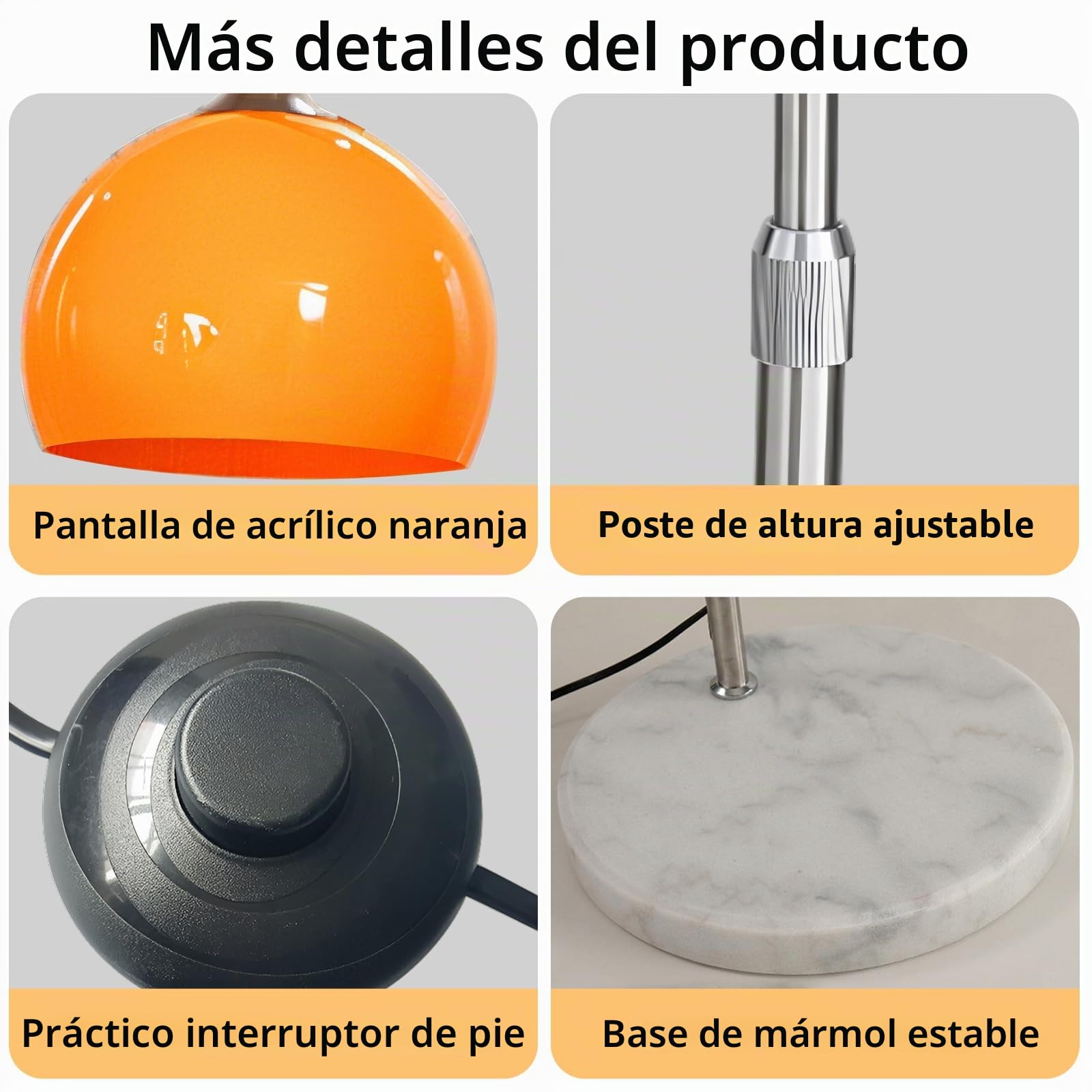 Lámpara De Pie Arco Naranja Mid-Century, Base De Mármol Natural | Altura Ajustable, Globo Acrílico, Bombilla RGB E27 Regulable, Control Por App, Poste Cromado Para Salón, Dormitorio U Oficina