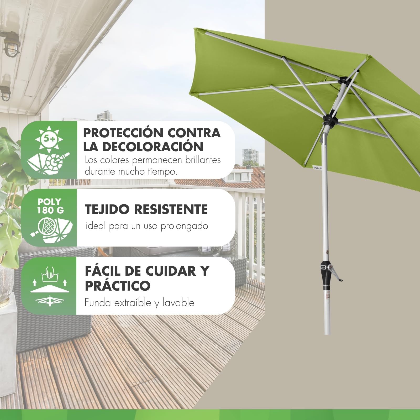Doppler Sombrilla de jardín Active Auto Tilt Ø 210 cm: manivela con inclinación automática, plegable, protección UV FPS 50+, poliéster resistente a la intemperie, estructura de acero en color plata