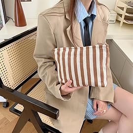 PAZIMIIK Makeup Bag Large Cotton Zipper Pouch for Purse Travel Canvas Make Up Organizer for Women Cosmetic,Stripe Coffee