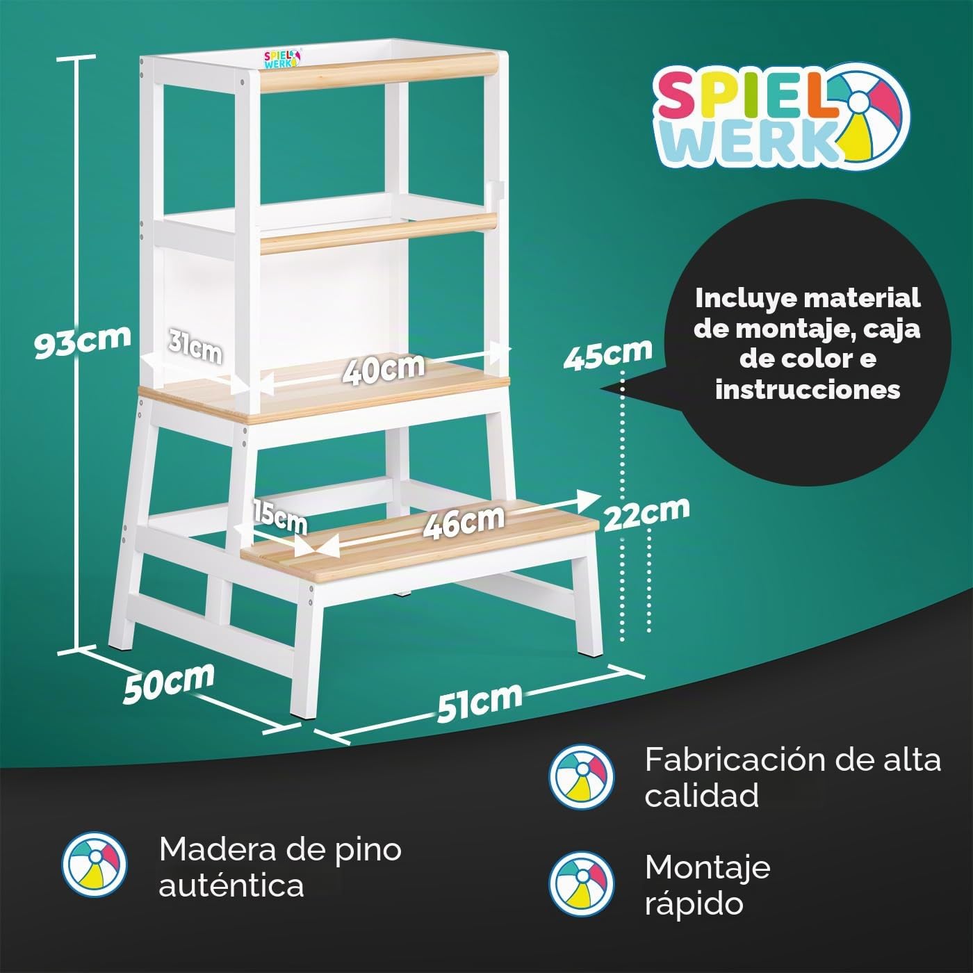 SPIELWERK® Torre de Aprendizaje Montessori Niños 100Kg Taburete Infantil 93cm Antivuelco Madera Pino Blanco