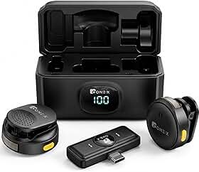 Kit 2 Microfones de Lapela Profissional, Transmissão Sem Fio, Case de Carregamento, Bluetooth, Cancelamento de Ruído,12h Tempo de Trabalho, Compatível com Camera, iPhone, Android, USB-C