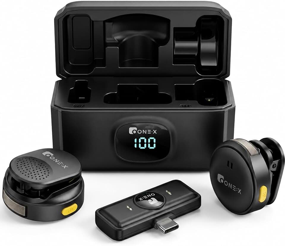 Kit 2 Microfones de Lapela Profissional, Transmissão Sem Fio, Case de Carregamento, Bluetooth, Cancelamento de Ruído,12h Tempo de Trabalho, Compatível com Camera, iPhone, Android, USB-C