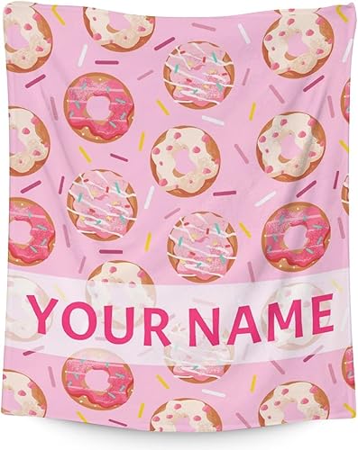 Manta de dona personalizada con nombre, 30 x 40 pulgadas, bonita manta para niños y adultos, manta de dona suave y mullida rosa para sofá y oficina