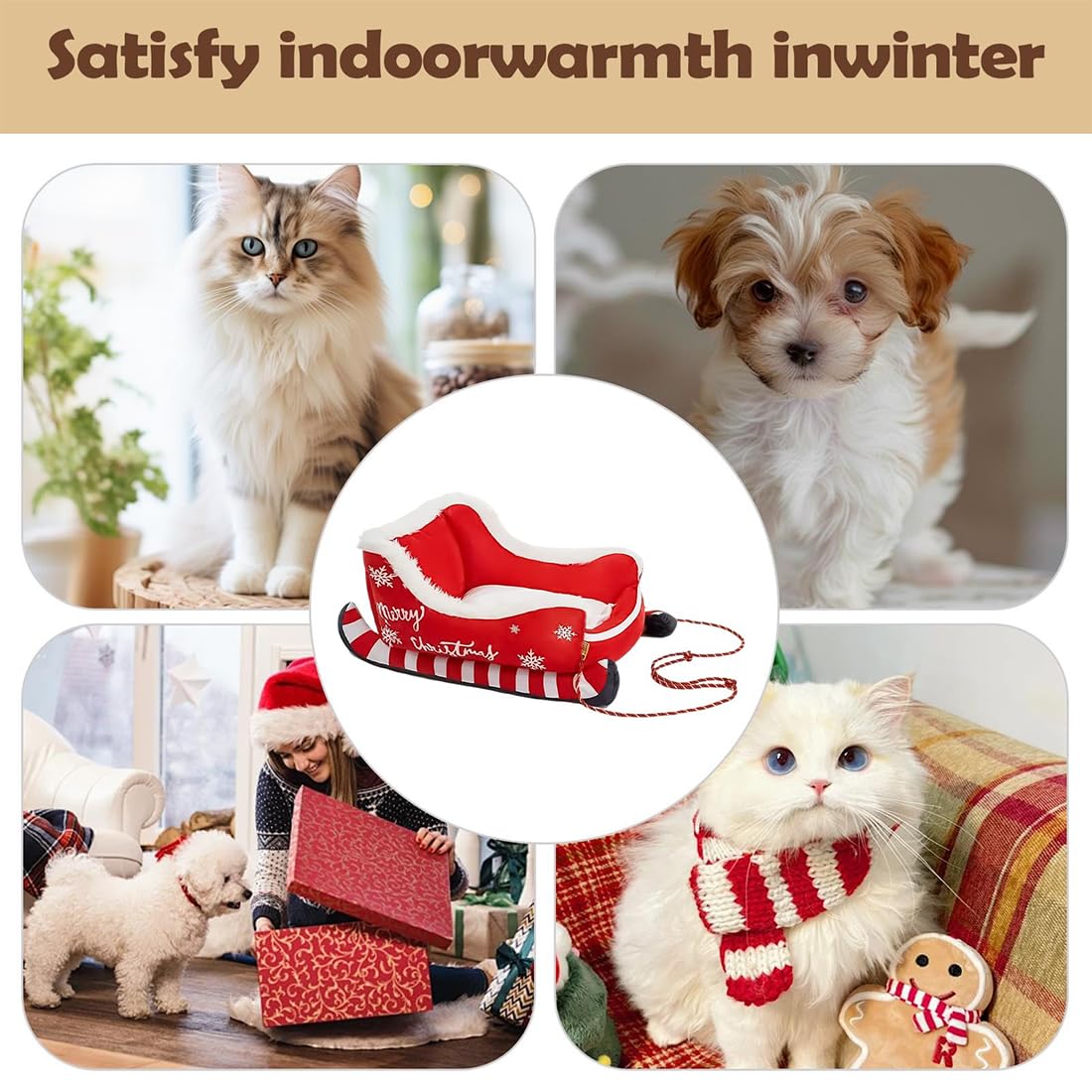 Weihnachts Schlitten Haustierbett aus Plüsch für Hunde & Katzen (Braun,L)