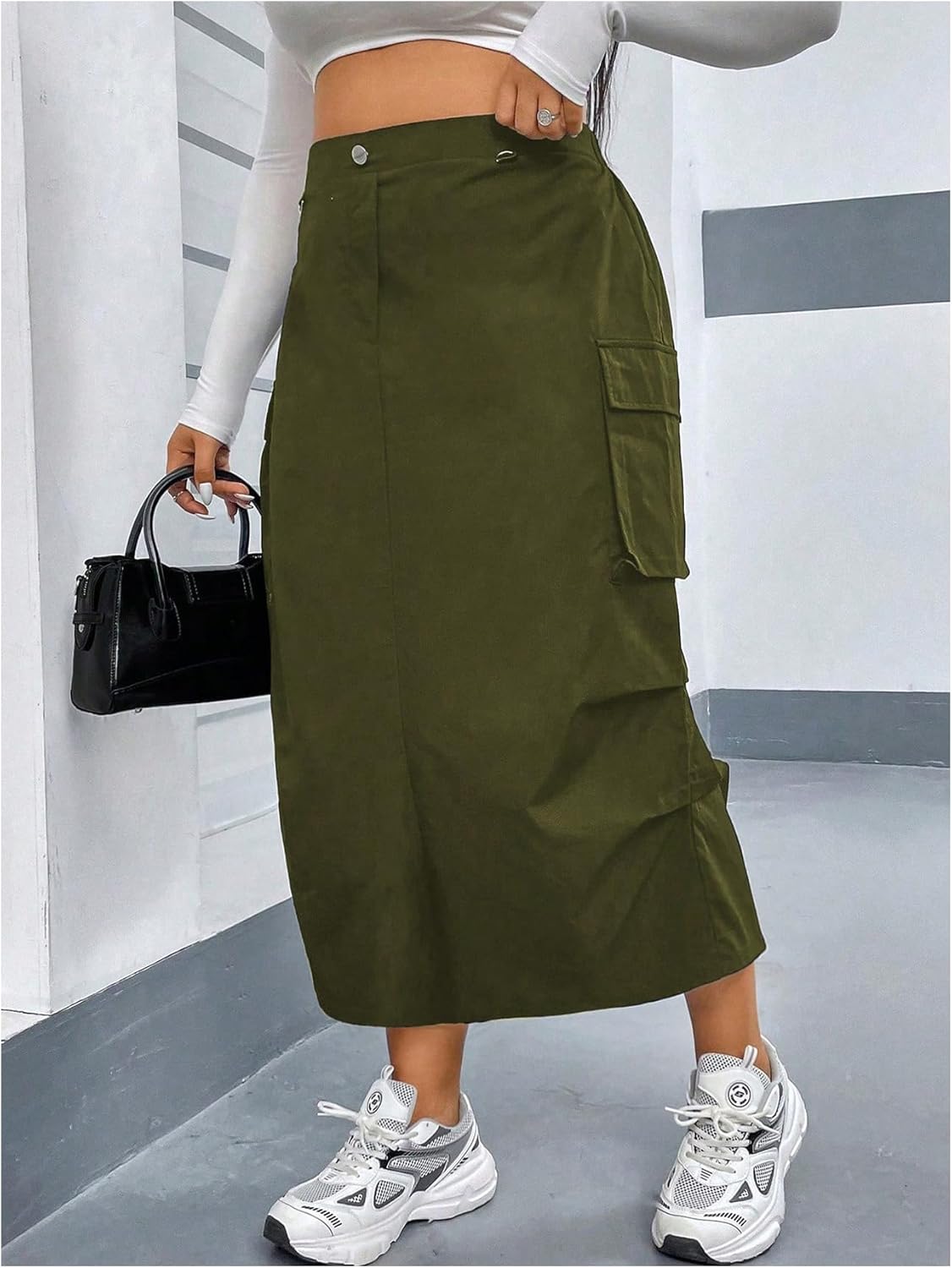 OYOANGLE Women's Plus Size Elastic High Waist Cargo Skirt Casual Solid Midi Skirts - Image 3
