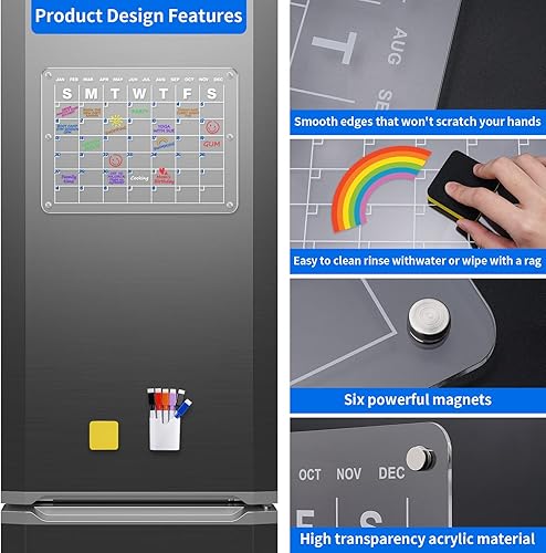 Miniatura 3 de Calendario magnético acrílico para refrigerador 16 x 12 pulgadas pizarra magnética transparente de borrado en seco incluye 6 marcas de borrado en
