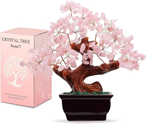 Parma77 Feng Shui - Árbol de dinero de cristal de cuarzo rosa natural, árboles de cristal curativo, decoración estilo bonsái para riqueza y suerte