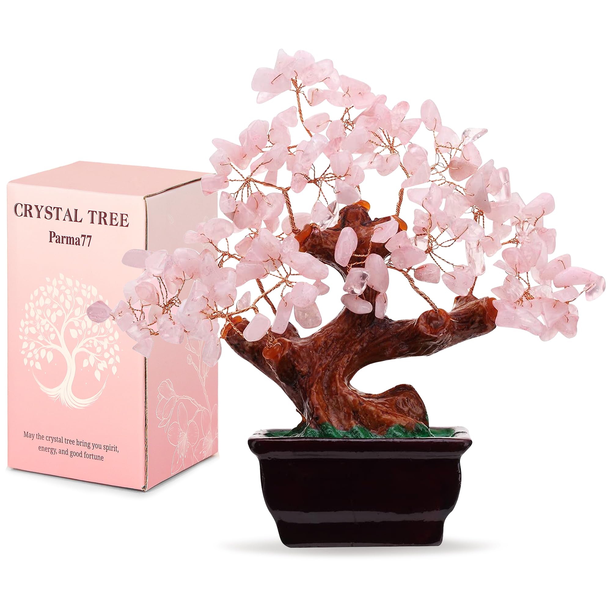 Parma77 Feng Shui Natural Rose Pink Quartz Crystal Money Tree, Healing Crystal Trees Bonsai Style Decoration for Wealth and Luck for Home Decor, Gifts for Women