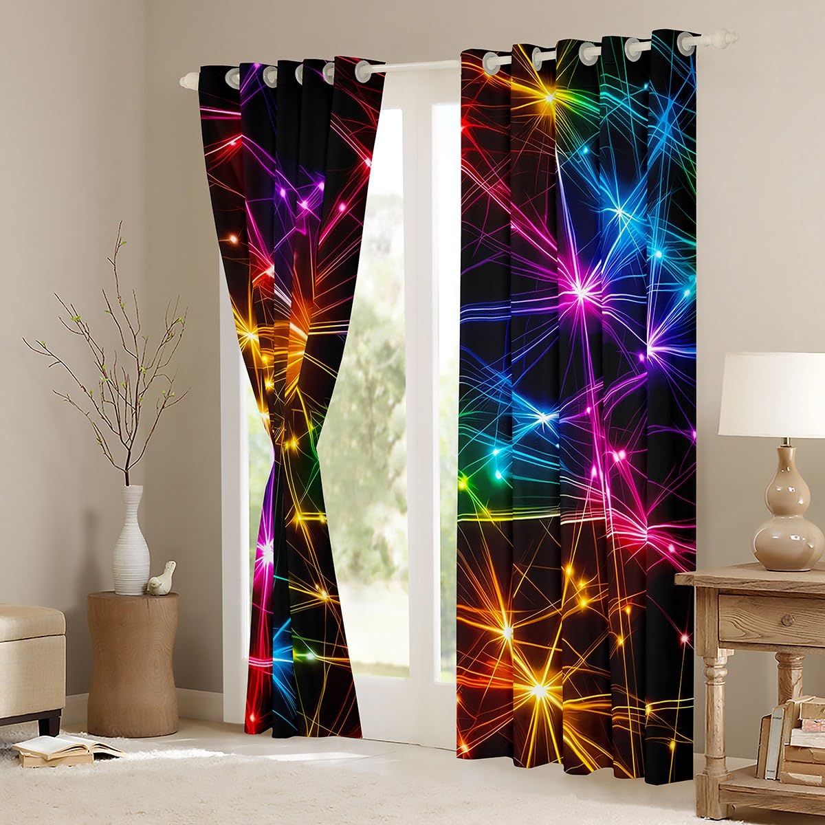 Homemissing Neon Light Stripes Curtains(2 Panels,W66*L72) For Kids Boys Girls Teens Modern Abstract Art 30%-50% Darkening Blackout Window Curtains Colorful Stripe Line Window Treatments - Image 3