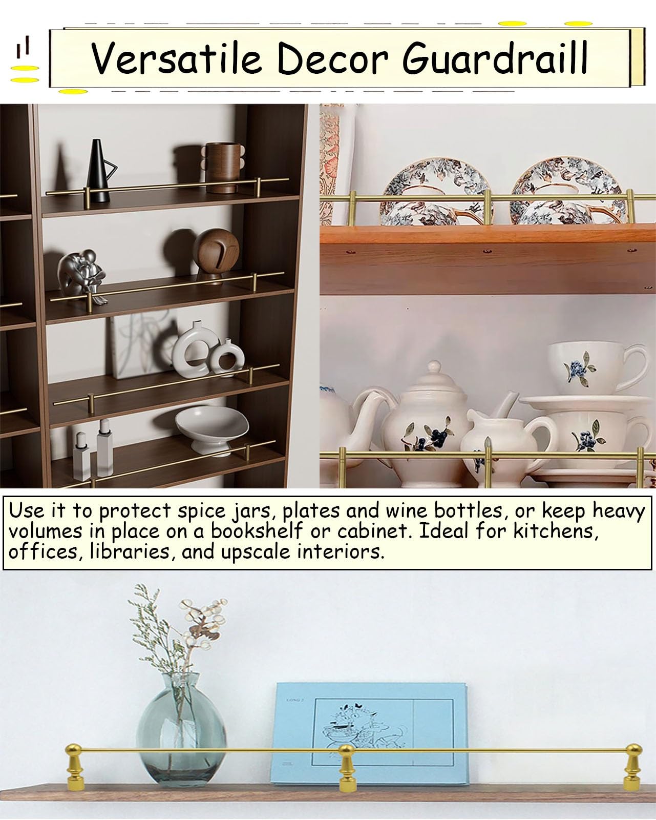 Juego de 3 barras decorativas de metal con 2 husillos de 26 pulgadas, barra de barrera de latón macizo para estantes de madera, elegante y (estilo A)