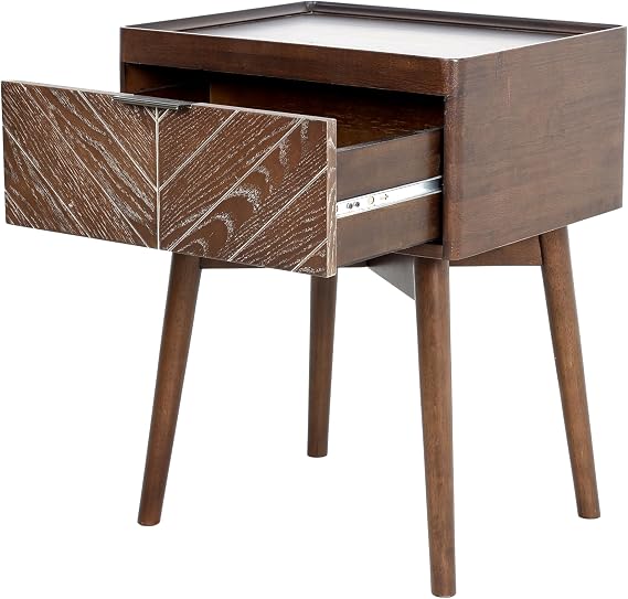 Loki Modern Nightstand Solid Hevea Wood Frame with Chevron Design Drawer - Bedside Table - Real Solid Wood End Table, Elegant Wooden Organizer for Bedroom (Espresso)