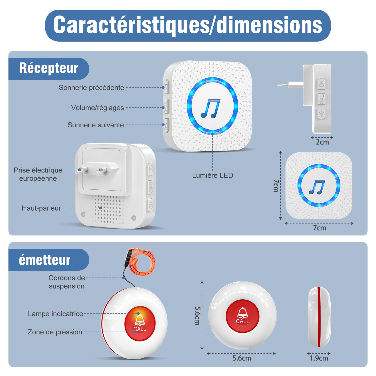 ChunHee Bouton d'appel d'urgence pour Personne âgé/Bracelet Alarme Personne Agee/Téléavertisseur sans Fil/Avertisseur pour Personne âgé/Alarme Maison Récepteur Distance de 500 Pieds (Ensemble C)