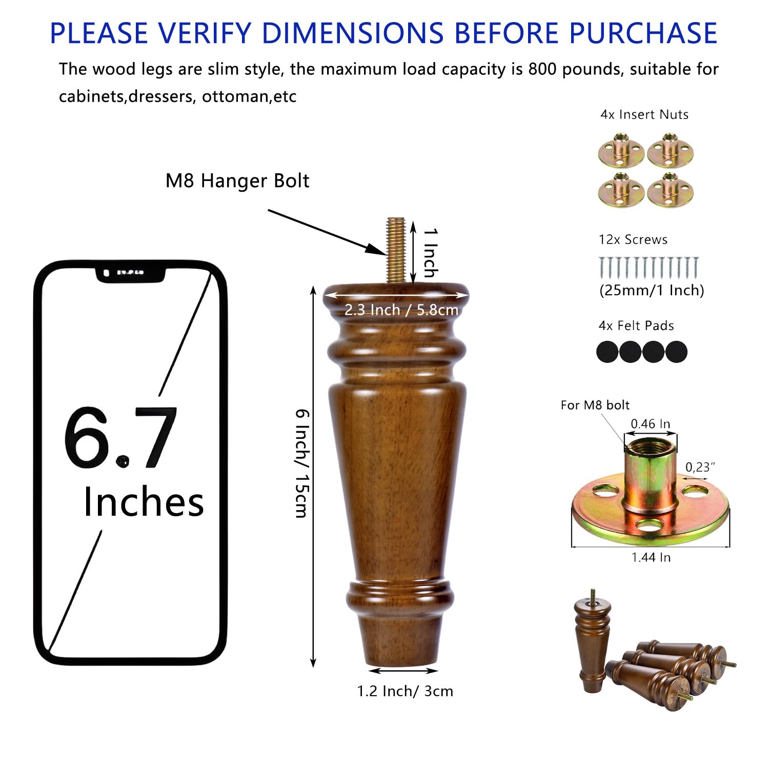 Maricome Gambe di ricambio per mobili in legno, 15,2 cm, per sedie ottomane, armadietti, cassettiere, metà secolo, set di 4 viti