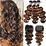 UNICE Brown Highlight Body Wave Human Hair 3 Bundles with 4x4 lace closure, Brazilian Remy Hair Ombre Human Hair Wavy Weaves FB30 Color 14 14 14+14 Closure