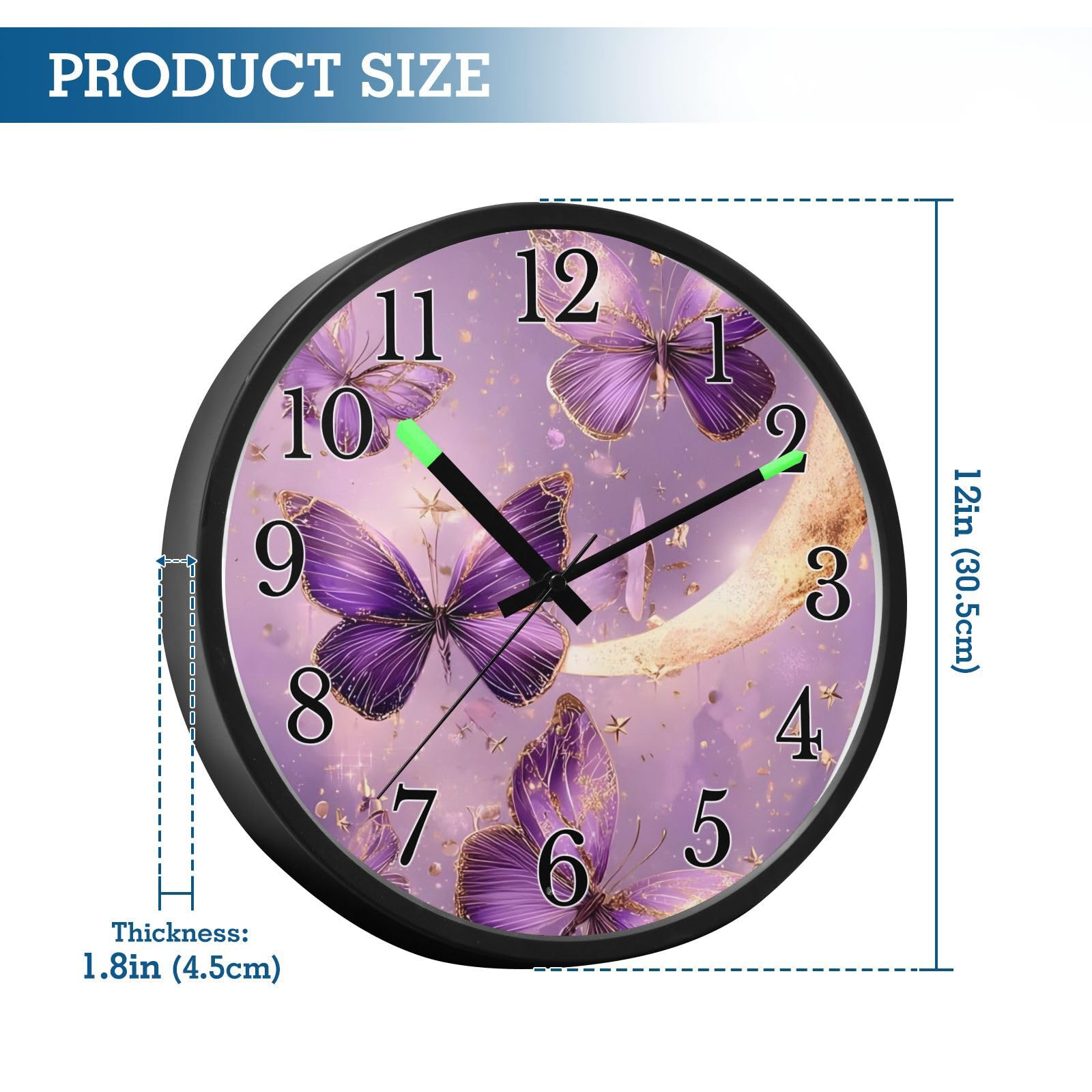 Mnsruu Reloj de pared luminoso con diseño de mariposa morada, luna, mariposas, reloj de pared que brilla en la oscuridad, funciona con pilas, silencioso, sin tictac, luz nocturna para dormitorio