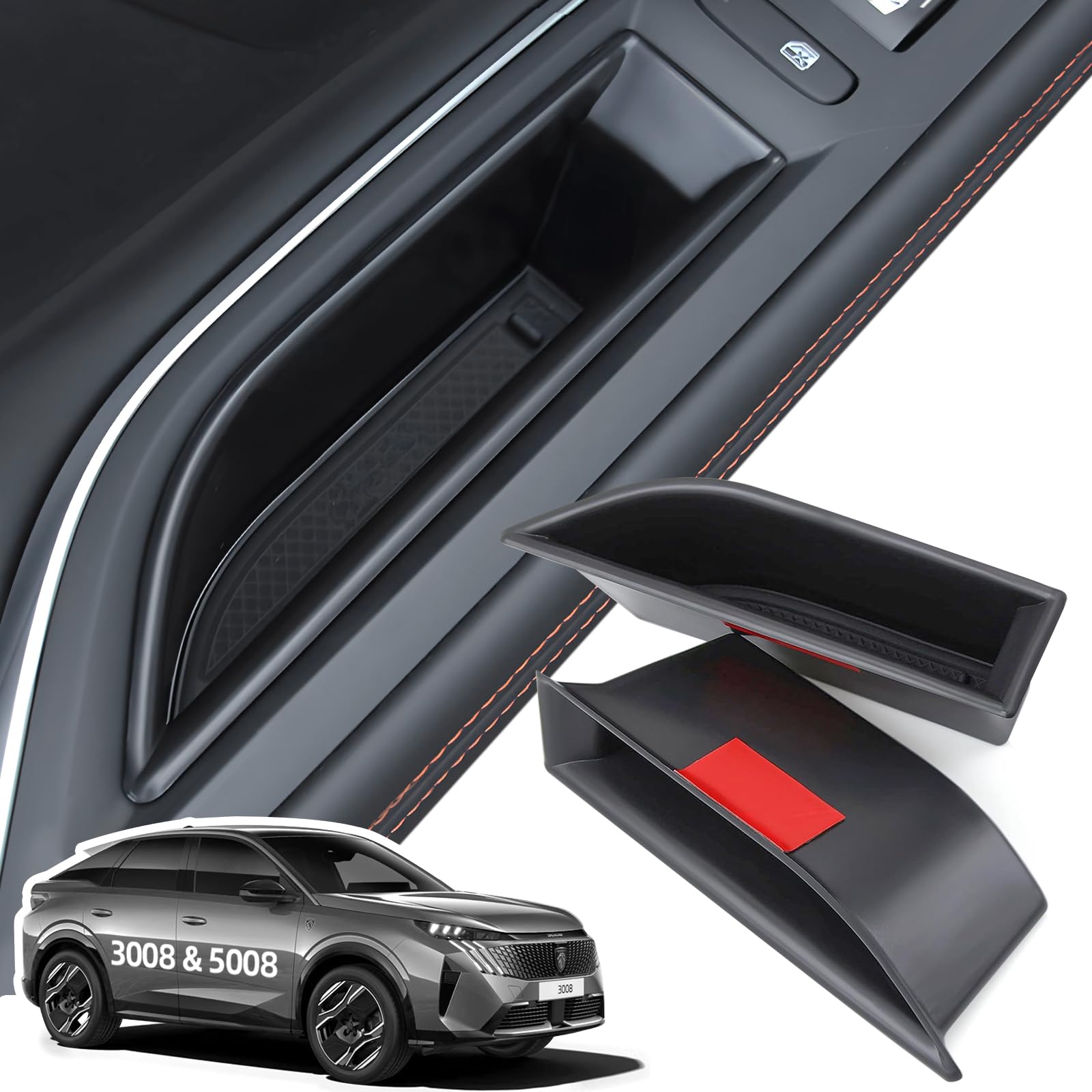(2 Pièces Organiseur Poignée de Porte Avant Peugeot 3008 5008 | Compatible avec 3008 / 5008 2016-2023, Boîte Rangement de Porte avec Tapis Antidérapants, Matériel ABS