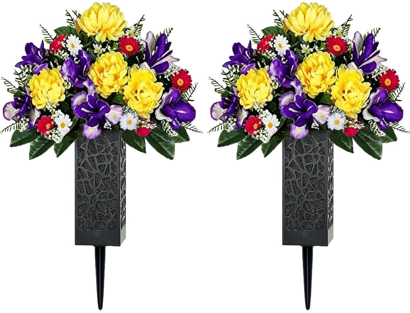 Artificial Iris Mums Daisy Cemetery Flowers - Realistic - Outdoor Grave Decorations - Saddle for Headstone,Outdoor Tombstone Memorial Decorations, Easy Fit (Yellow Purple 2pc with  image 2