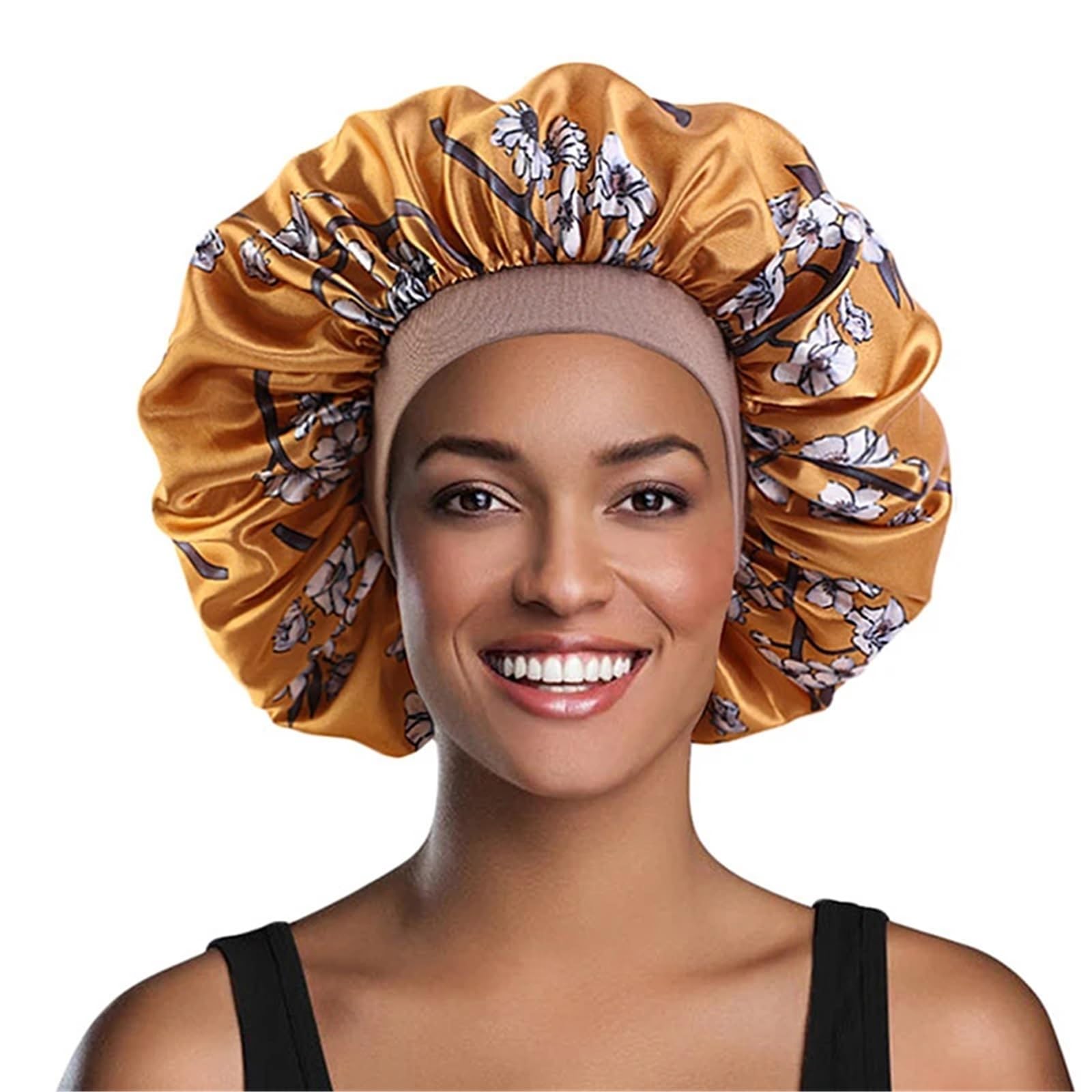 Cofano In Seta Cofano in raso con stampa for donna Fascia elastica larga for il sonno notturno Cappello in Avvolgere la testa Cura dei capelli(Yellow)