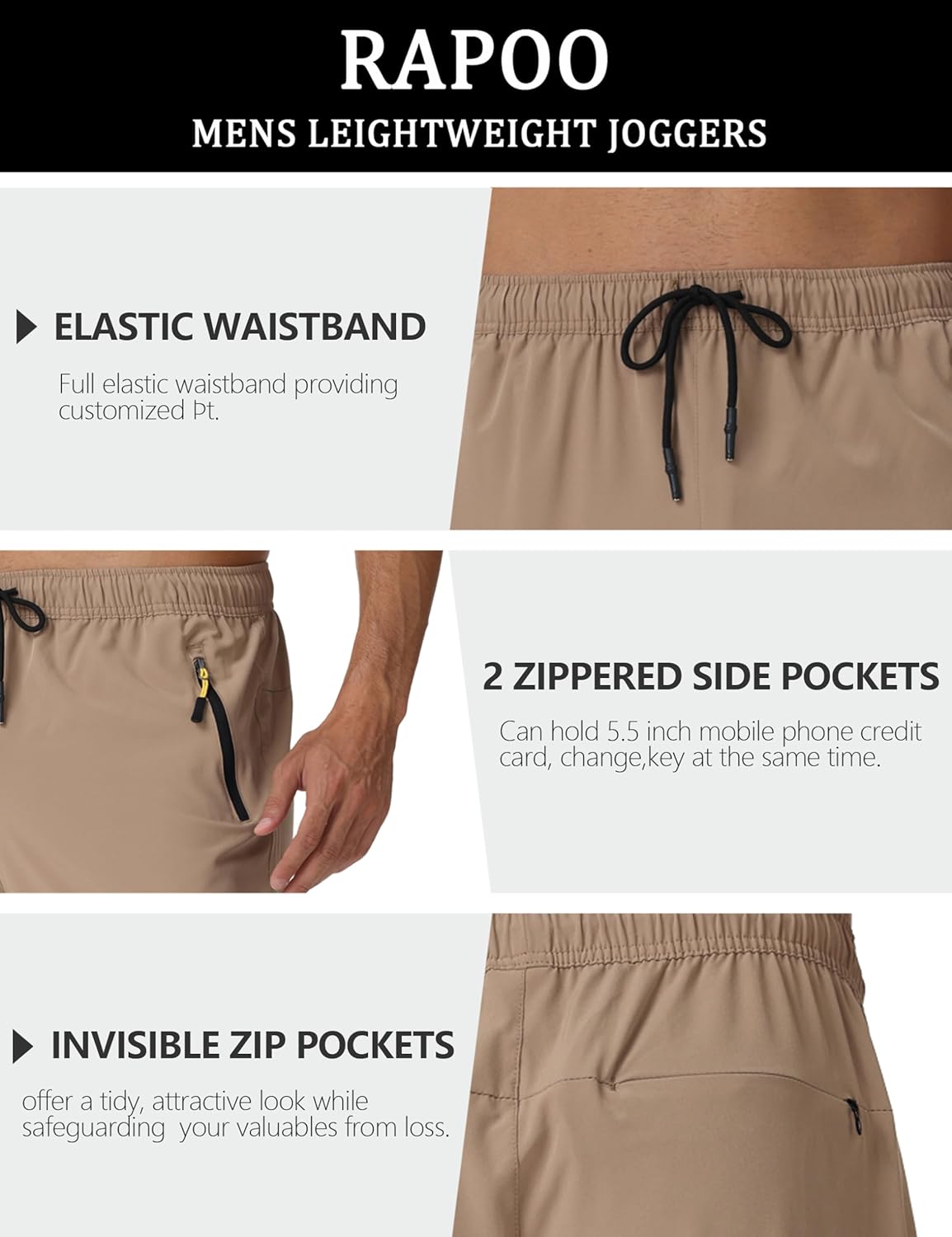 Rapoo Mens Lightweight Hiking Pants Quick Dry Stretch Joggers for Running Workout Casual - Image 5
