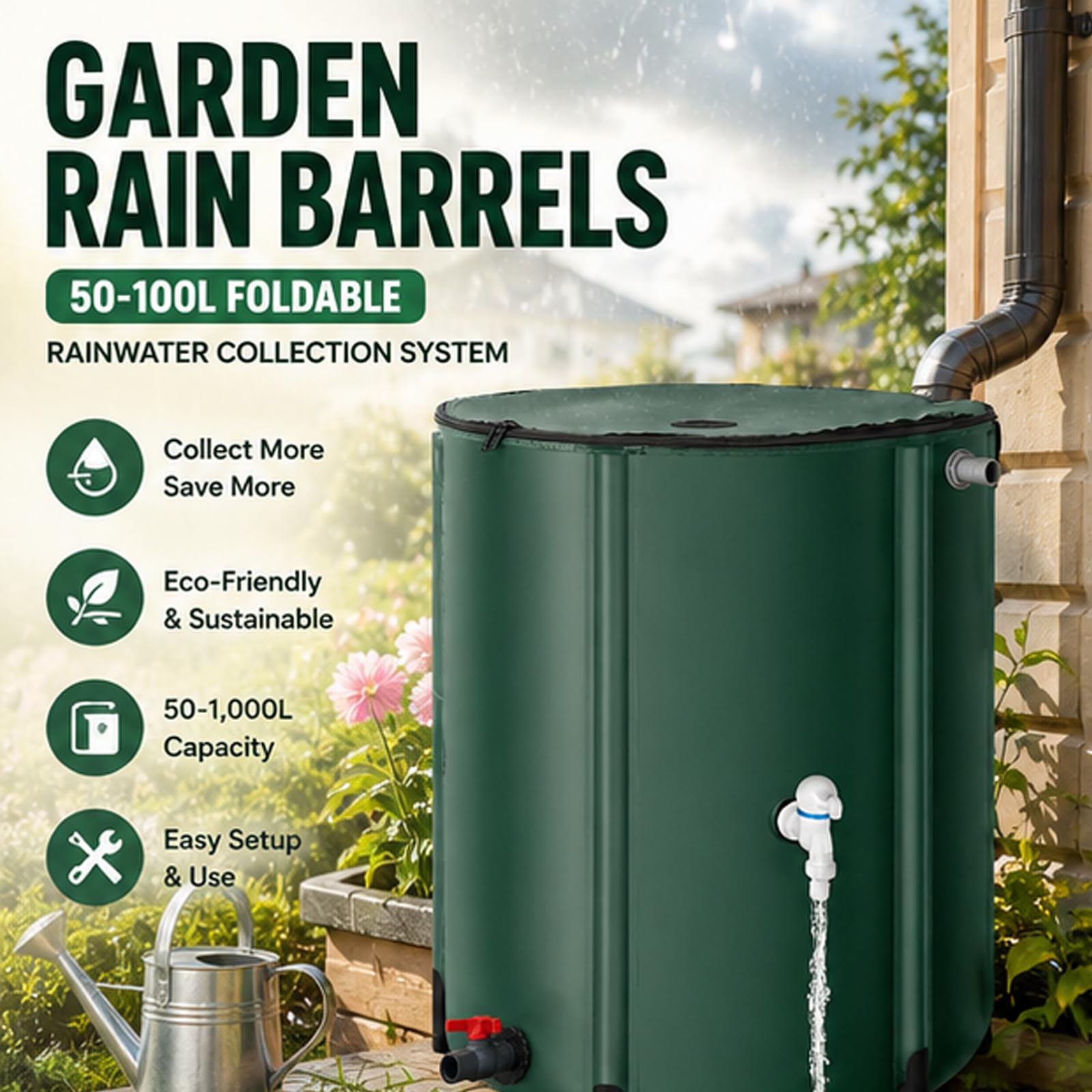 Barriles de Lluvia para jardín con Grifo y Tapa con Cremallera, Sistema de recolección de Agua de Lluvia Plegable de 50-250 L, Tanque de Almacenamiento de Agua portátil de PVC, para riego de Jard 50L