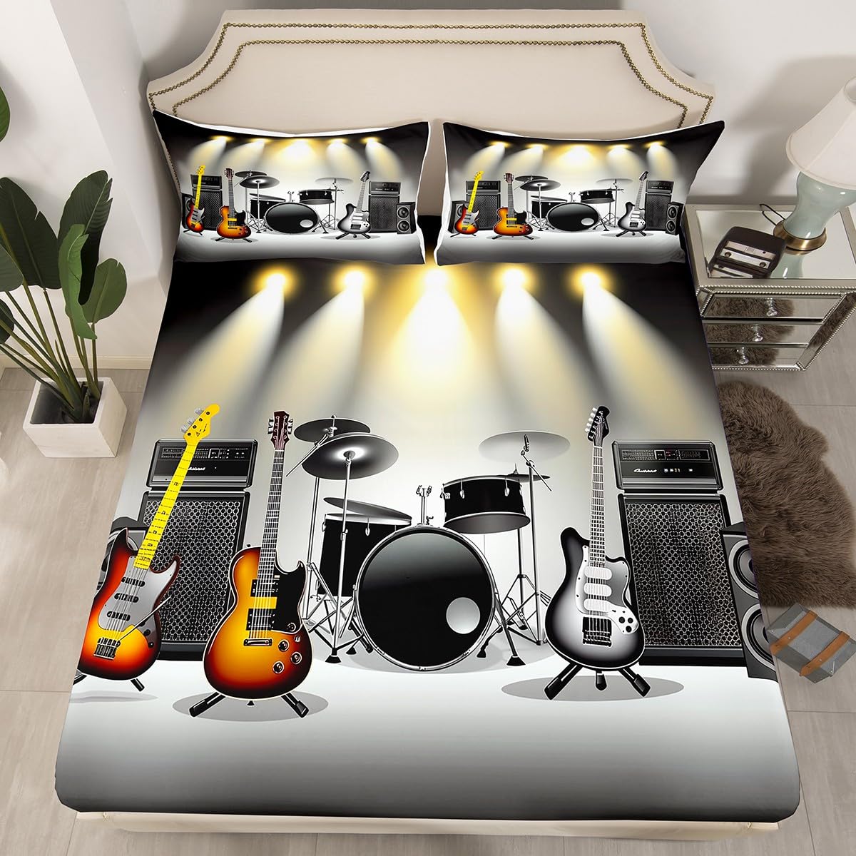 Electric Guitar Bedding Set, Music Theme Bedsheet, for Boys Teens Girls Modern Soft Fitted Sheet Deep Pockets, Rock Musical Instrument Guitar Pattern Sheet Set Hip-Hop Style Fitted Sheet, Full-image-18