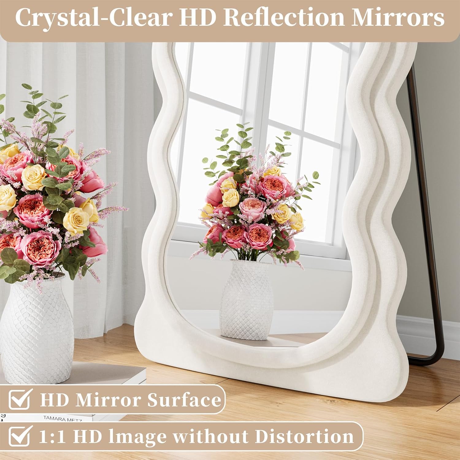 Wavy Full Length Mirror, 63"x24" Flannel Floor Mirror, Full Body Mirror with Stand, Large Mirrors Hanging or Leaning Against Wall for Bedroom Living Room, White