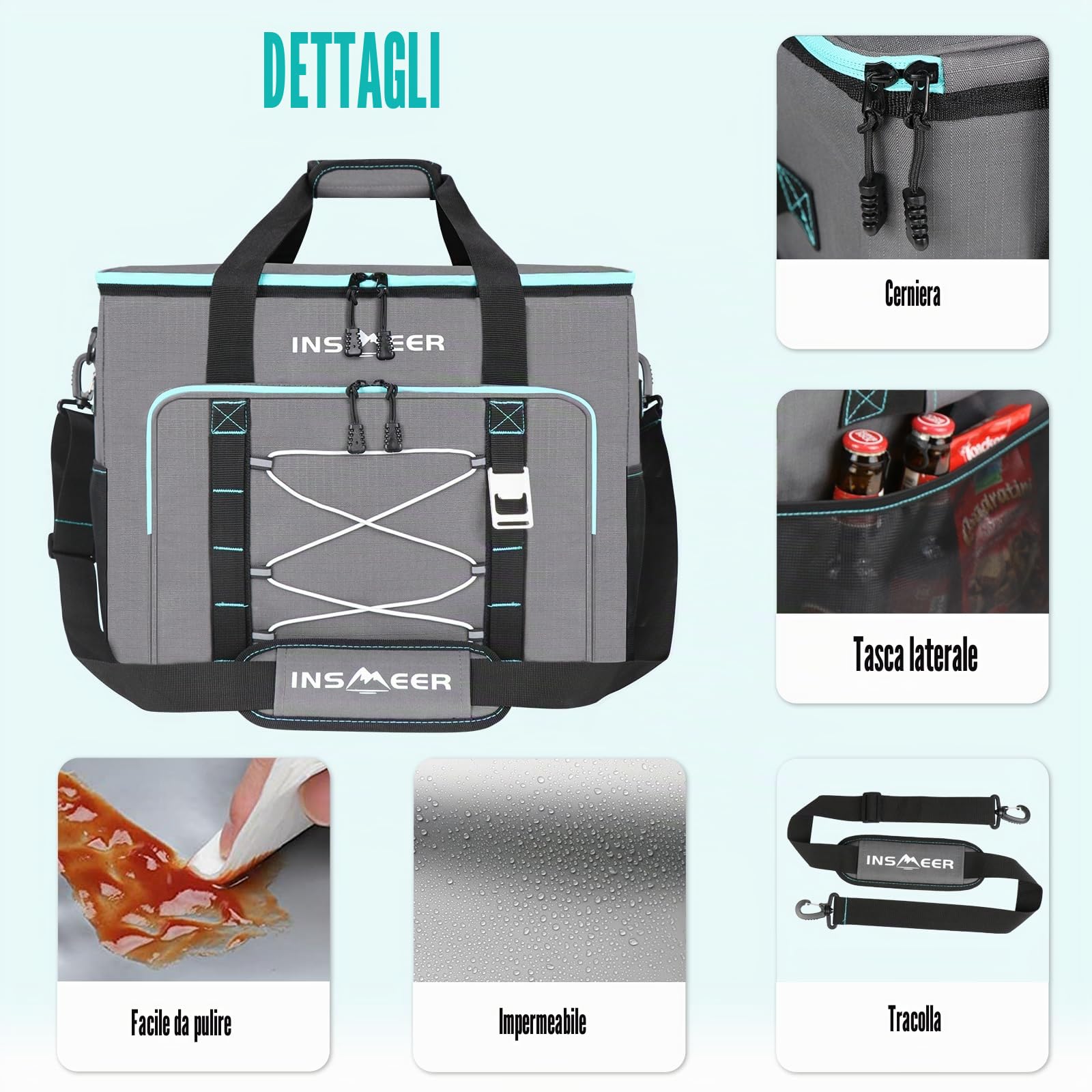 INSMEER Borsa termica Gross da 55 l, 80 cans, pieghevole, a prova di perdite e impermeabile, con apribottiglie, XXL, borsa da picnic e shopping per gite, campeggio, spiaggia